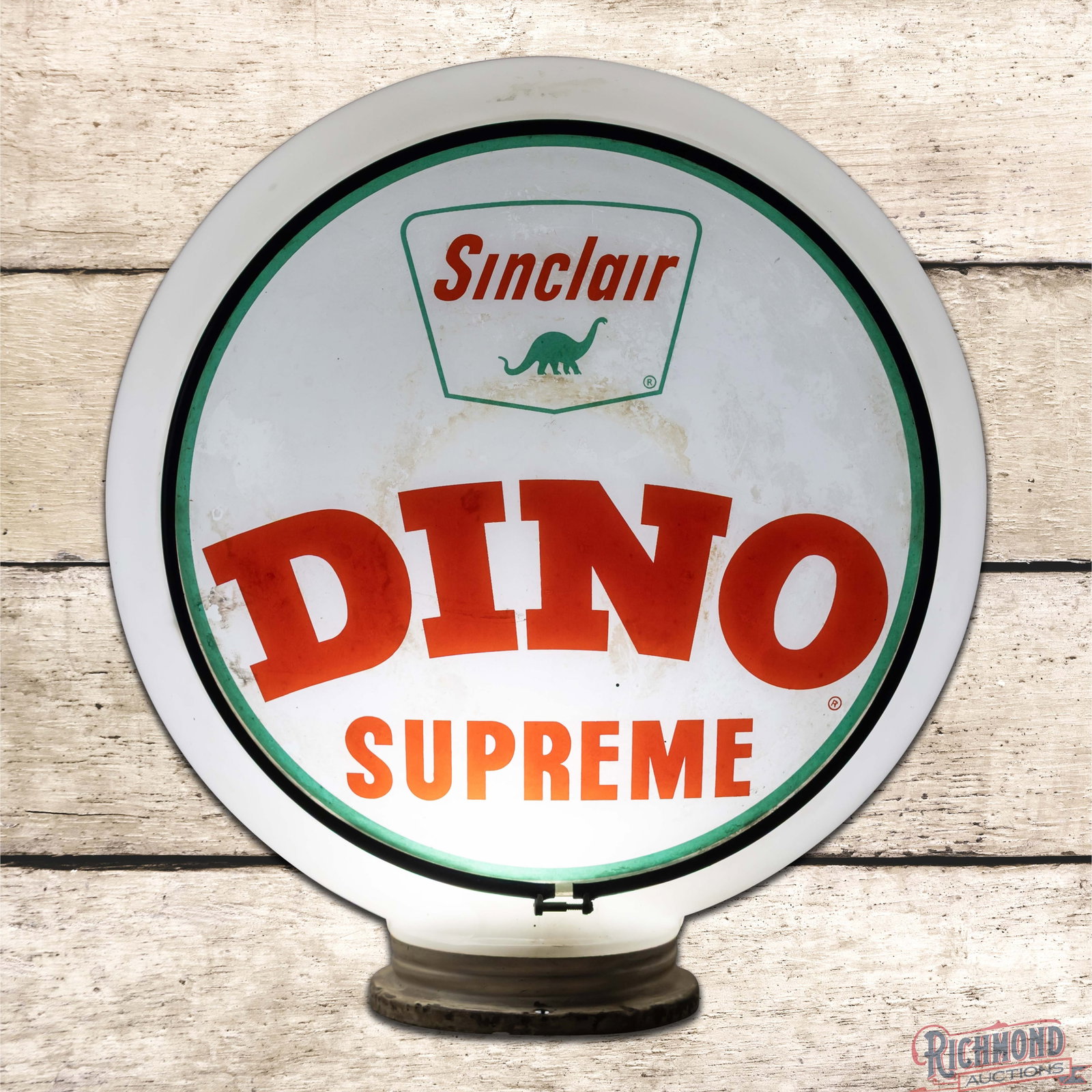 Sinclair Dino Supreme Gasoline 13.5" Single Lens w/ Gill Milk Glass Globe Body: Single 13.5" lens mounted in a gill milk glass body with screw base. The lens has good color with areas of discoloration and cloudiness. The gill body is in very good condition. The copper collar has 