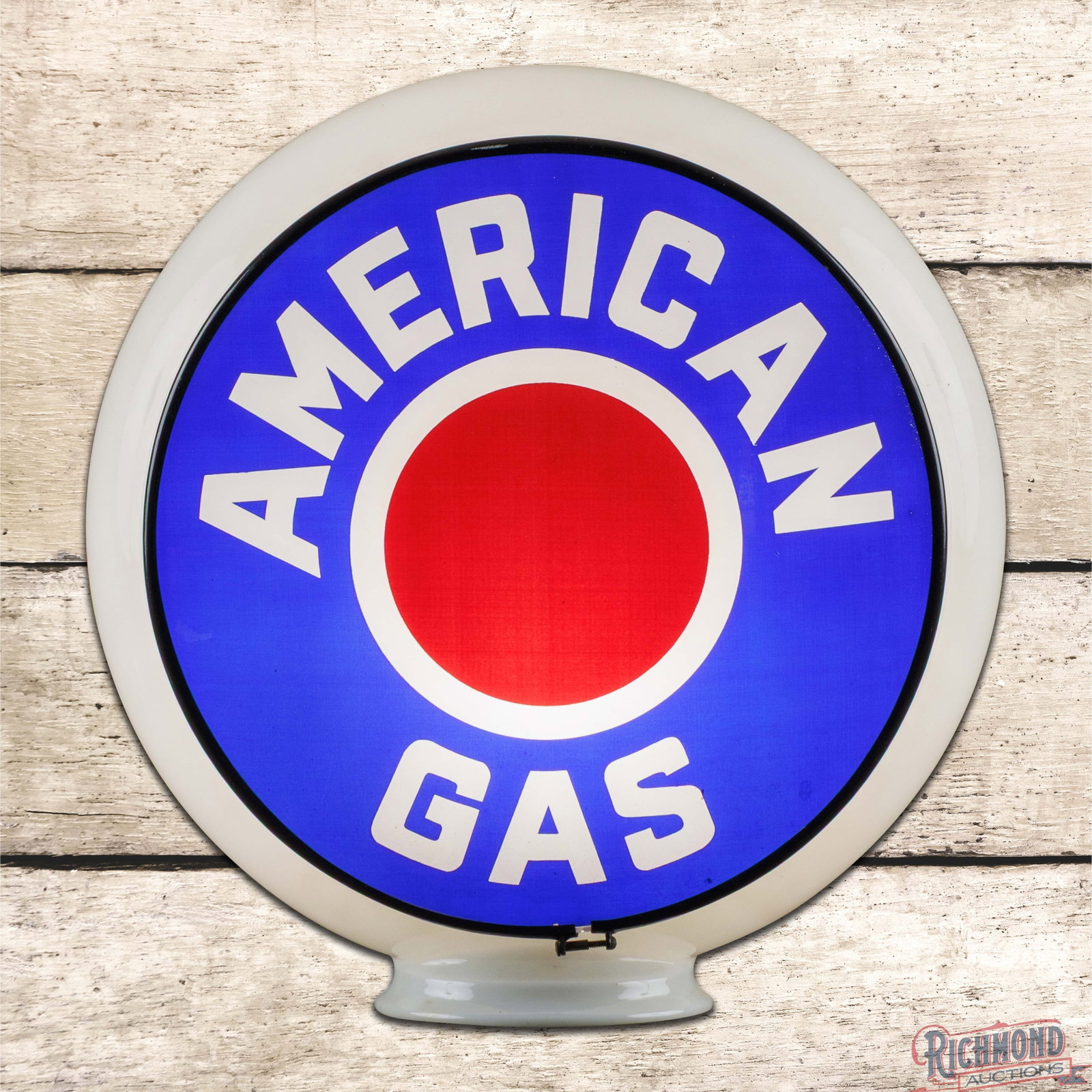 American Gas 13.5" Complete Gill Milk Glass Gas Pump Globe: Two 13.5" lenses mounted in an original Gill milk glass body. Lens #1 has excellent color with light wear, fine scratches and tiny errant white paint drips. The reverse lens has additional surface wea