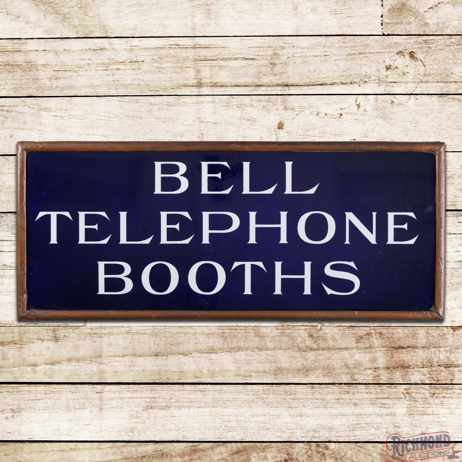 Bell Telephone Booths Single Sided Porcelain Sign w/ Orig. Copper Frame: SSP (single sided porcelain) sign with the original copper frame has excellent color and gloss. The field has minor factory blemishes with areas of surface wear and fine scratches in the right fields.