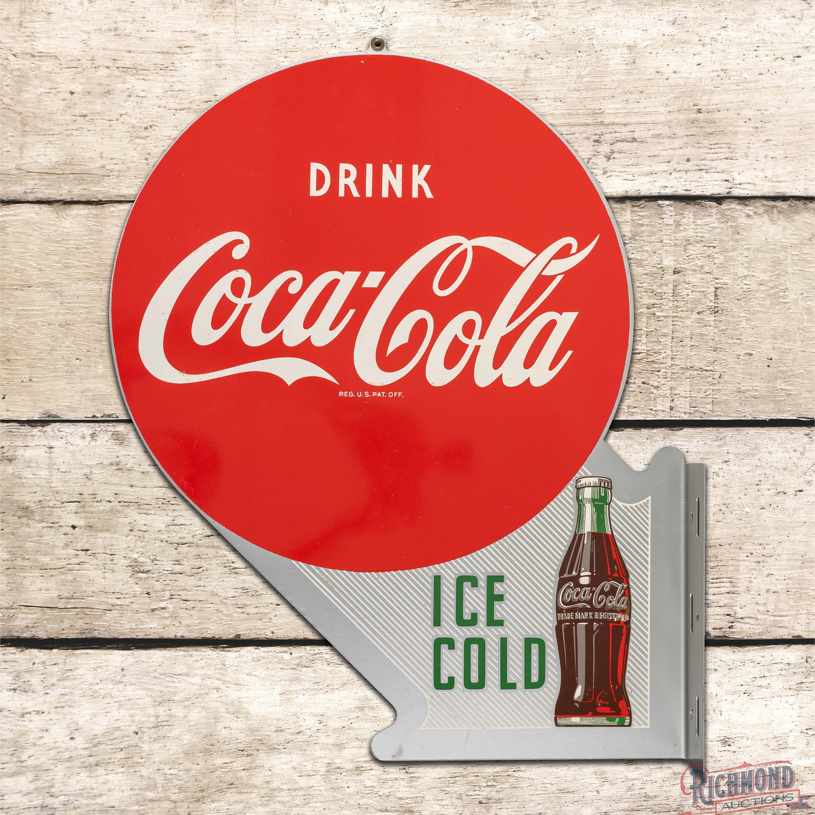 1955 Drink Coca Cola Ice Cold Double Sided Tin Flange Sign (1 of 4)