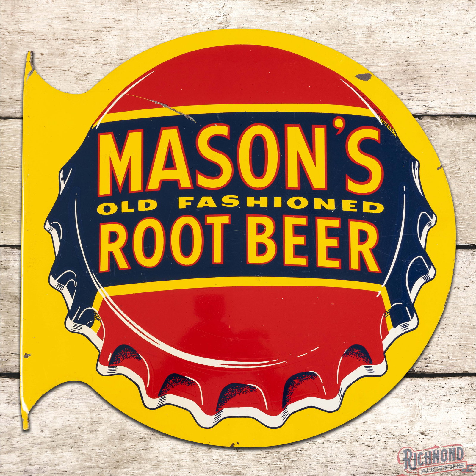 Mason's Old Fashioned Root Beer Double Sided Tin Flange Sign w/ Bottlecap (1 of 4)