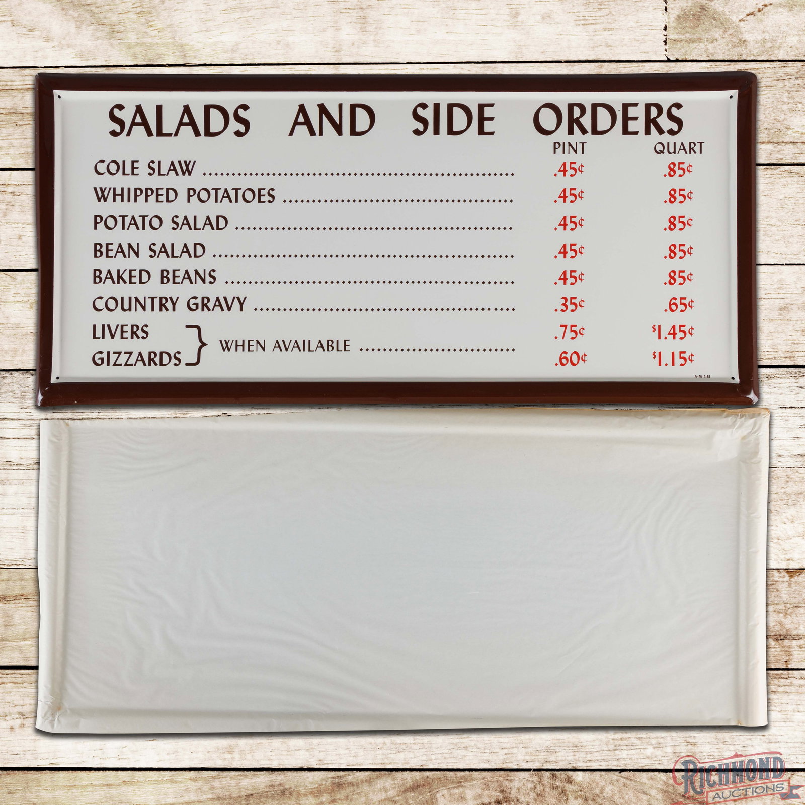 Rare NOS 1965 Kentucky Fried Chicken Salads and Side Orders Single Sided Tin Sign w/ Paper (1 of 5)