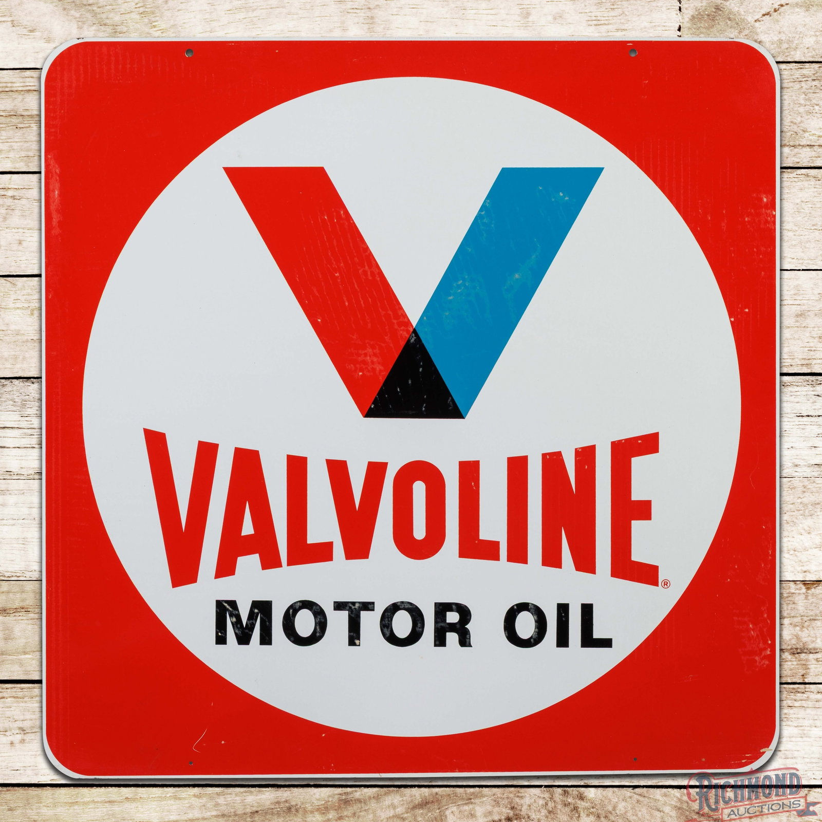 NOS Valvoline Motor Oil 30" Double Sided Tin Sign w/ Logo: NOS (new old stock) DST (double sided tin) sign has outstanding color and shine. Side #1 is exceptionally clean with light paper marks, minor surface imperfections and a tiny bend on the lower left ed