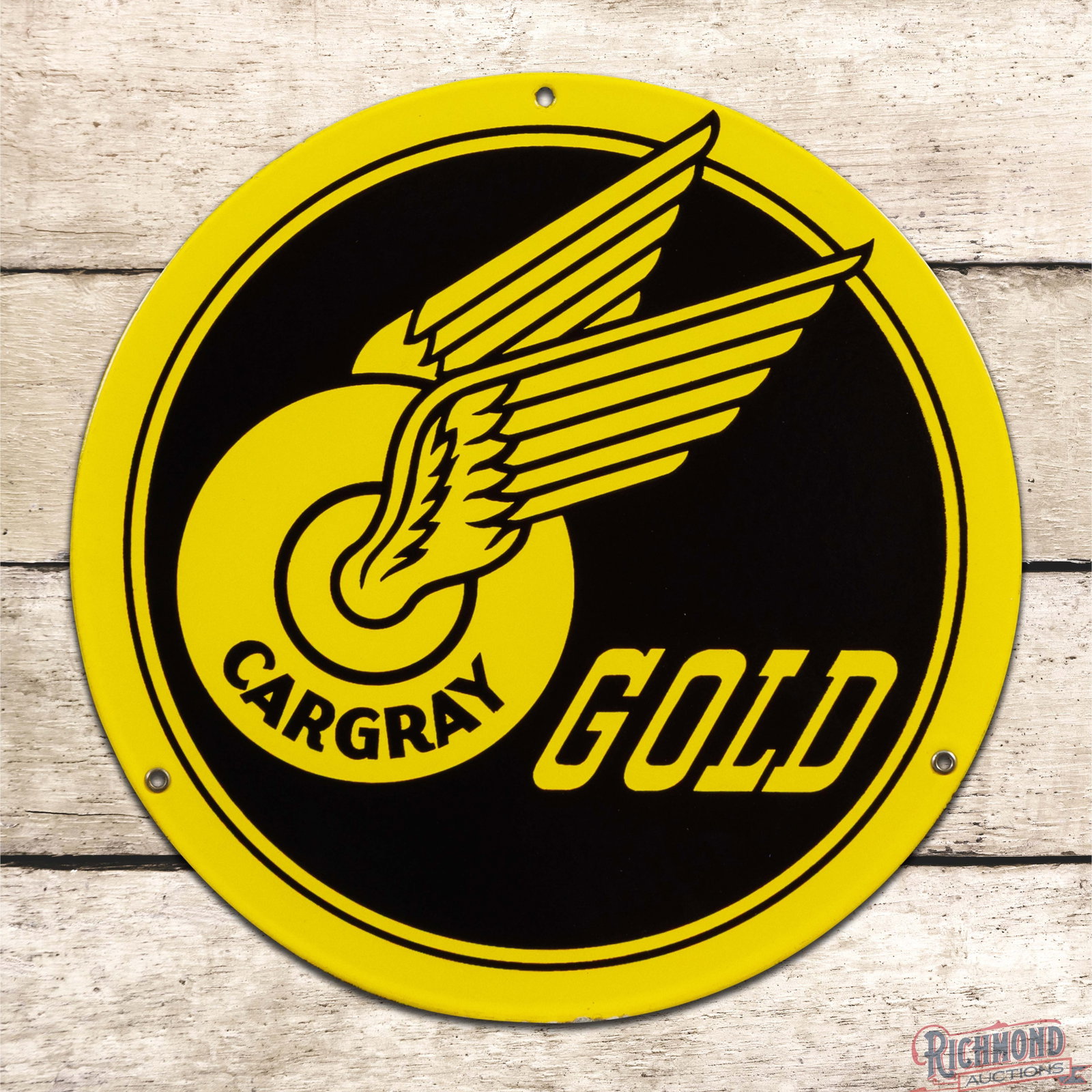 Cargray Gold Gasoline Single Sided Porcelain Pump Plate Sign w/ Winged Logo: Exceptional SSP (single sided porcelain) pump plate has day one color and gloss. The field and perimeter are extremely clean. Two factory grommets are present and the reverse is marked Veribrite Signs