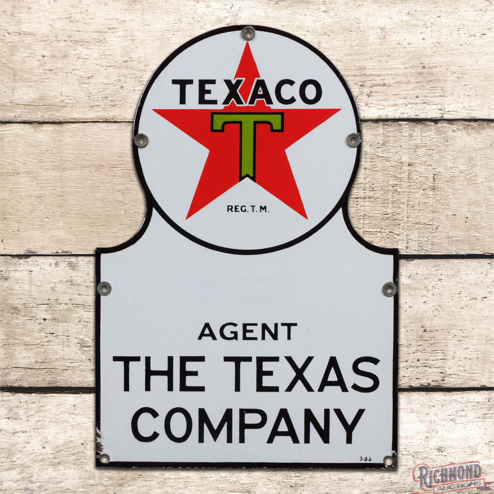 1933 Texaco Agent The Texas Company Single Sided Porcelain Die Cut Truck Door Sign "Black T": SSP (single sided porcelain) die cut truck door sign has outstanding color and gloss. The field is clean. The perimeter has a few tiny chips on the outer edges and the lower corners. Five factory grom