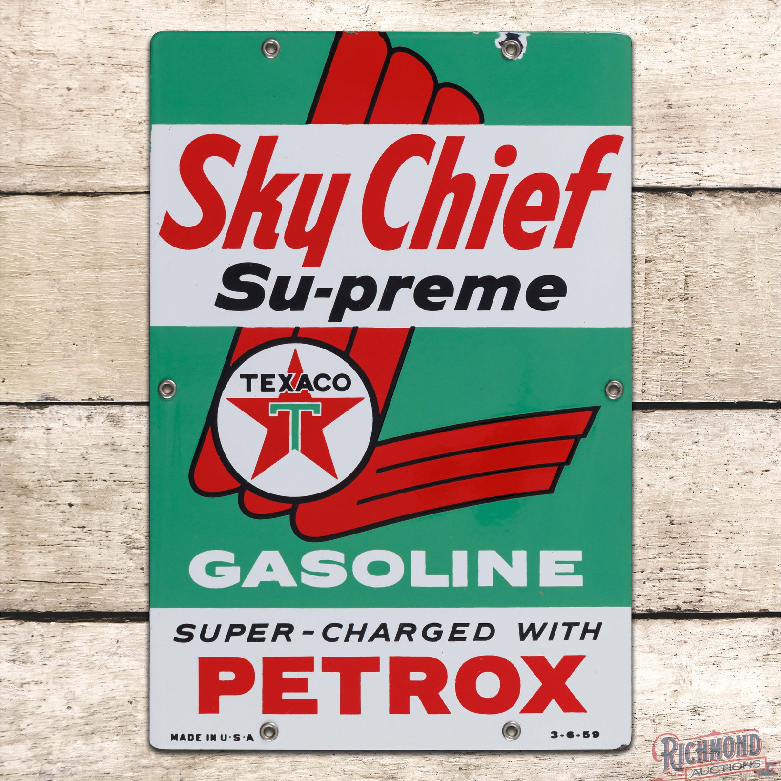 1959 Texaco Sky Chief w/ Petrox Gasoline Single Sided Porcelain Pump Plate Sign "Medium" (1 of 3)
