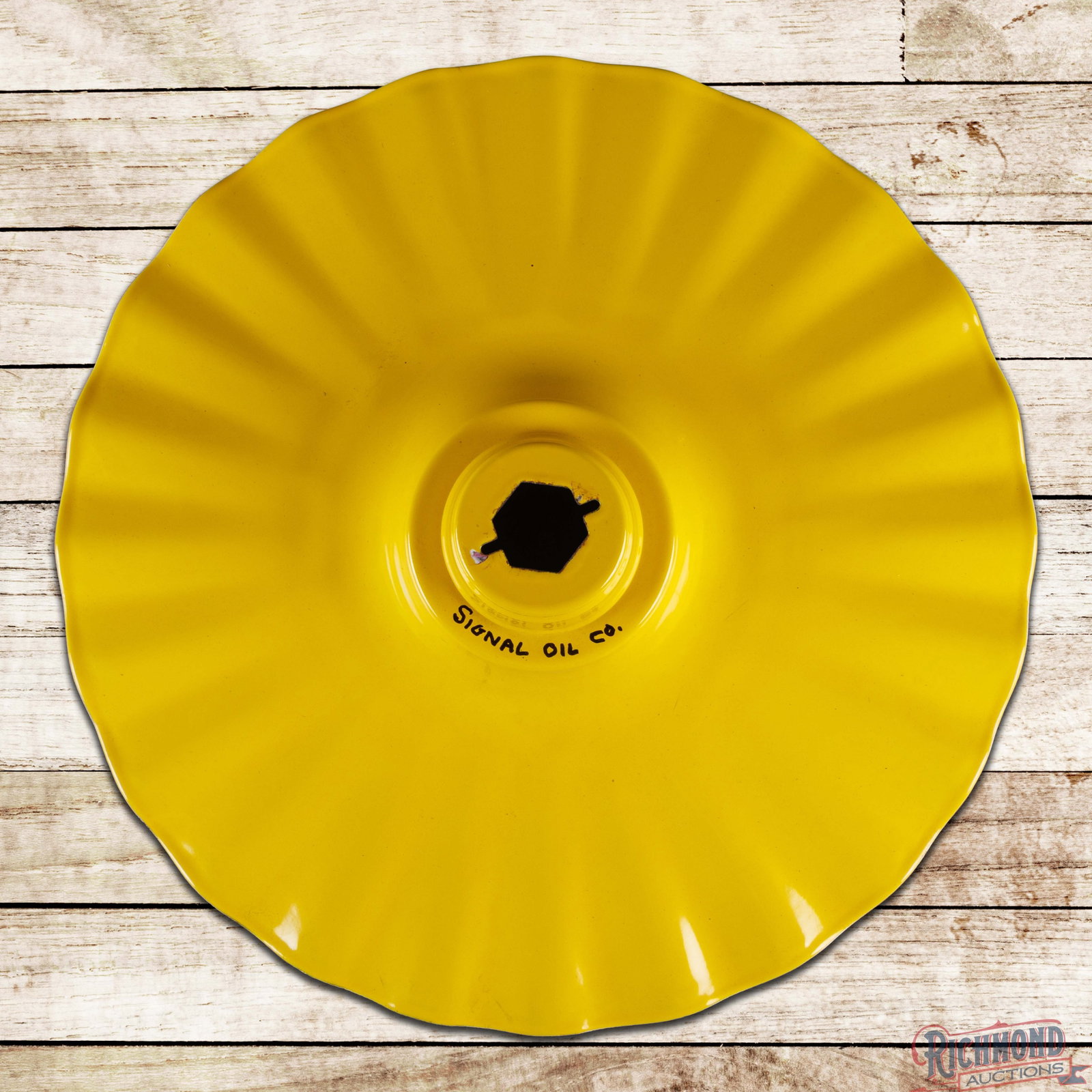 Group of Four Porcelain Radial Wave Scalloped Signal Gasoline Station Light Shades: Rare lot of four yellow porcelain radial wave shades with sockets. Yellow porcelain light shades are near impossible to find. They all have some chipping and each has a reducer to accept a standard si