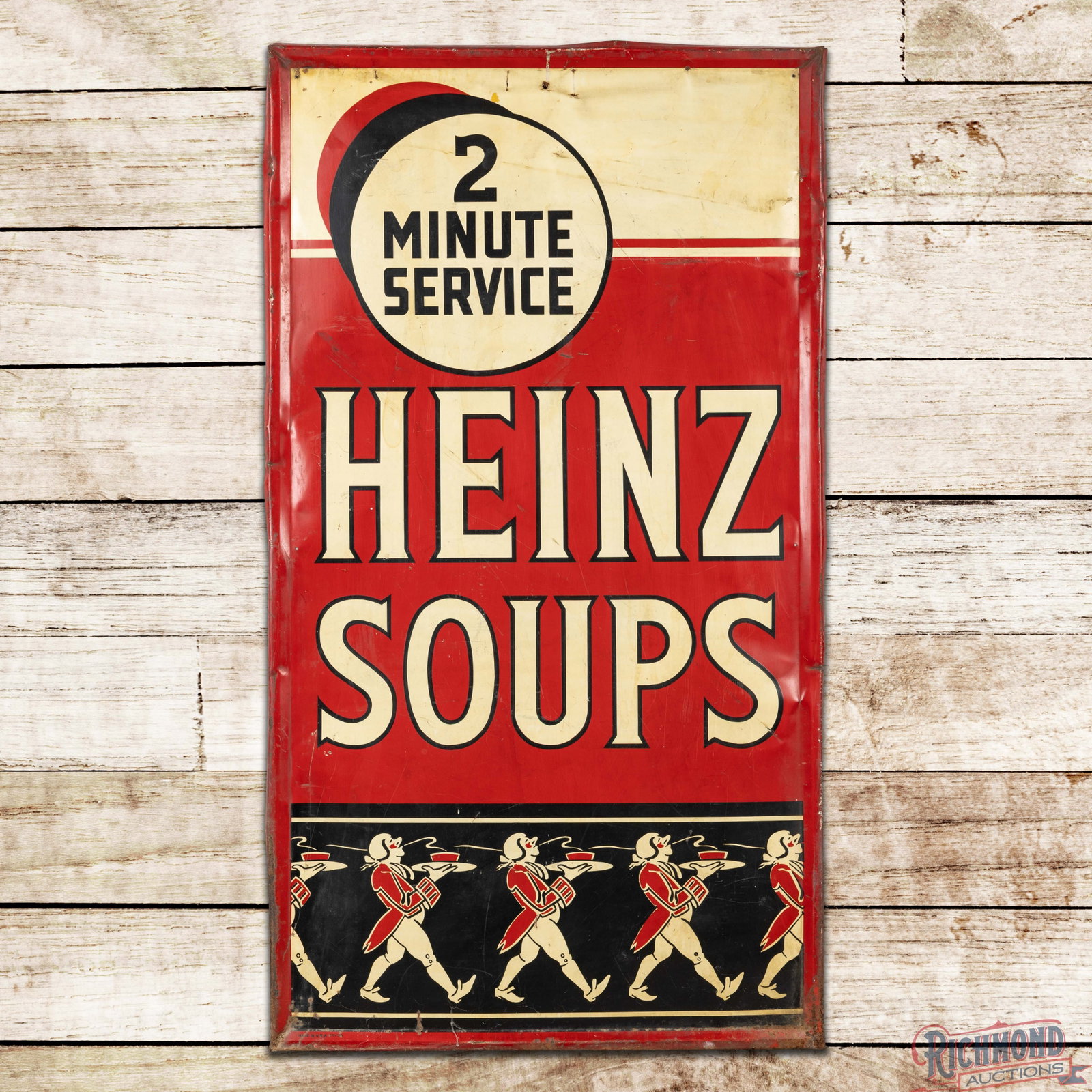 Heinz Soups "2 Minute Service" 4.5' Single Sided Tin Sign w/ Waiters: SST (single sided tin) self-framed sign has good color and shine. The field has general wear with toning, fine scratches and bends. The perimeter has additional wear with edge bends, paint loss and ox