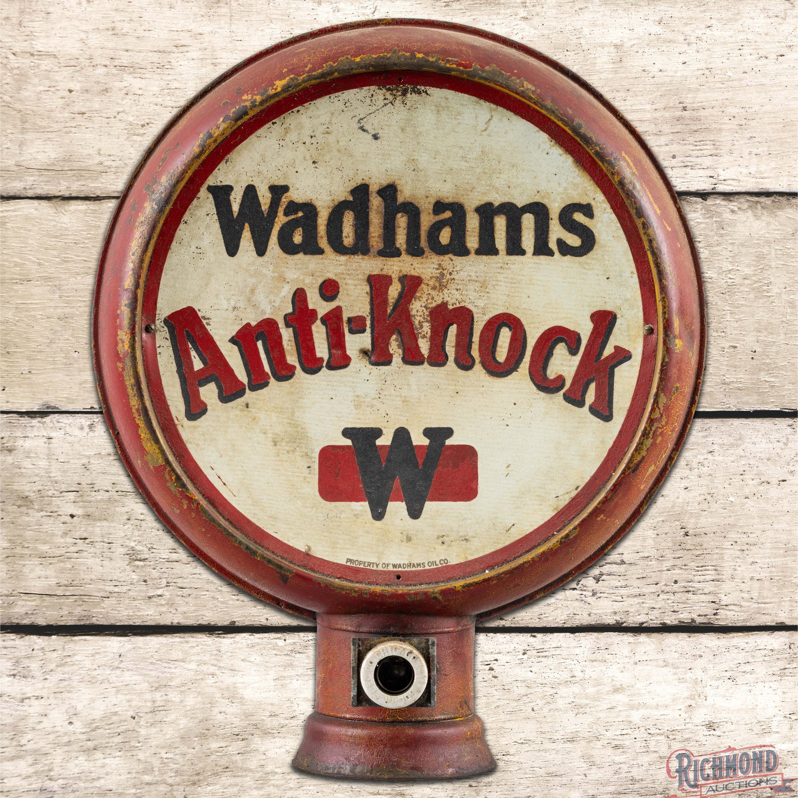 Scarce Wadhams Anti-Knock 15" Complete Convex HP Metal Body Gas Pump Globe w/ Metal Lenses: Two convex SST (single sided tin) globe lenses mounted in an unusual hp metal body with a bulbed base. Lens #1 has good color with a small non-factory hole in the field, oxidation, paint chips and fin