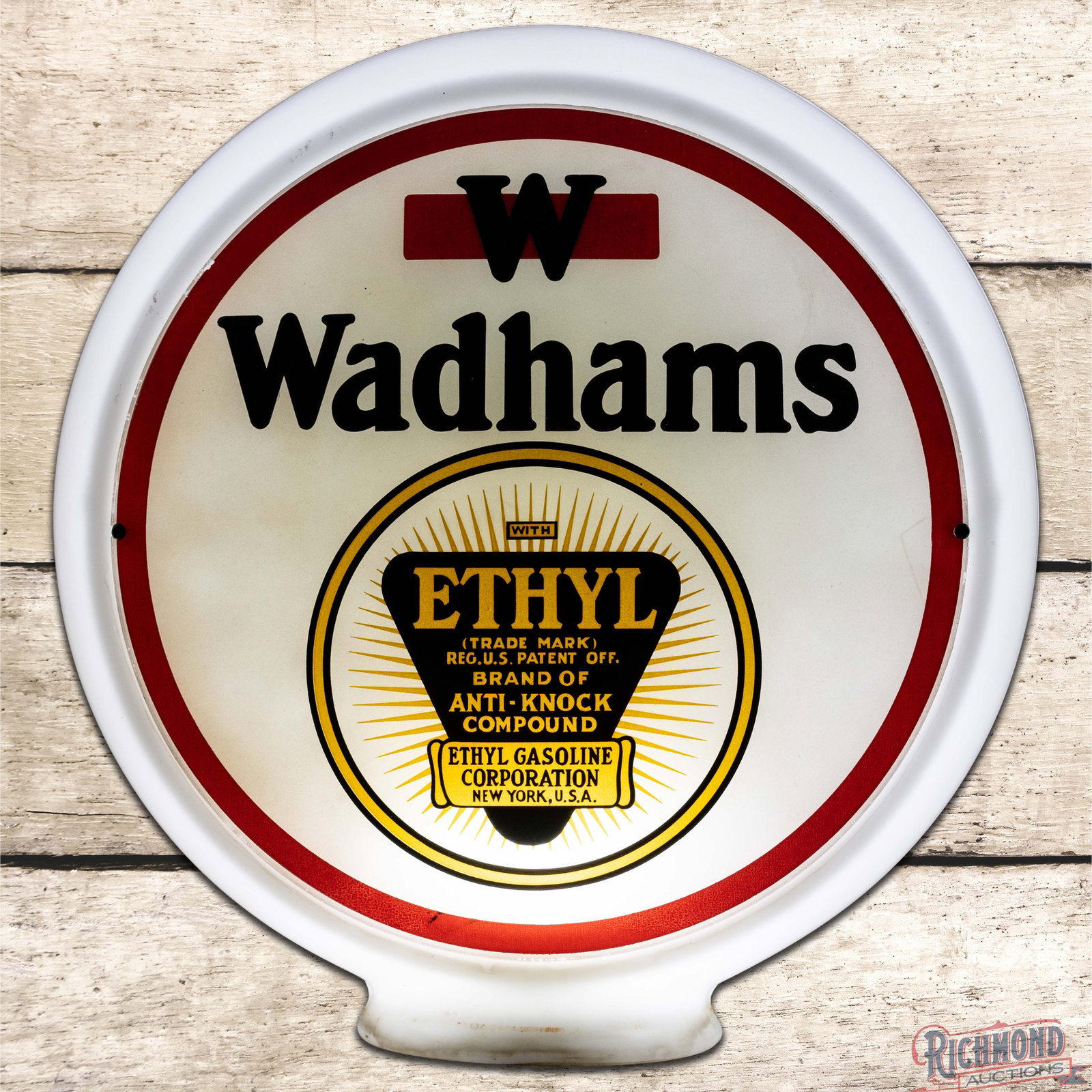 Wadhams Ethyl Gasoline 13.5" Single Lens w/ Wide Milk Glass Gas Pump Globe Body w/ Logo (1 of 6)