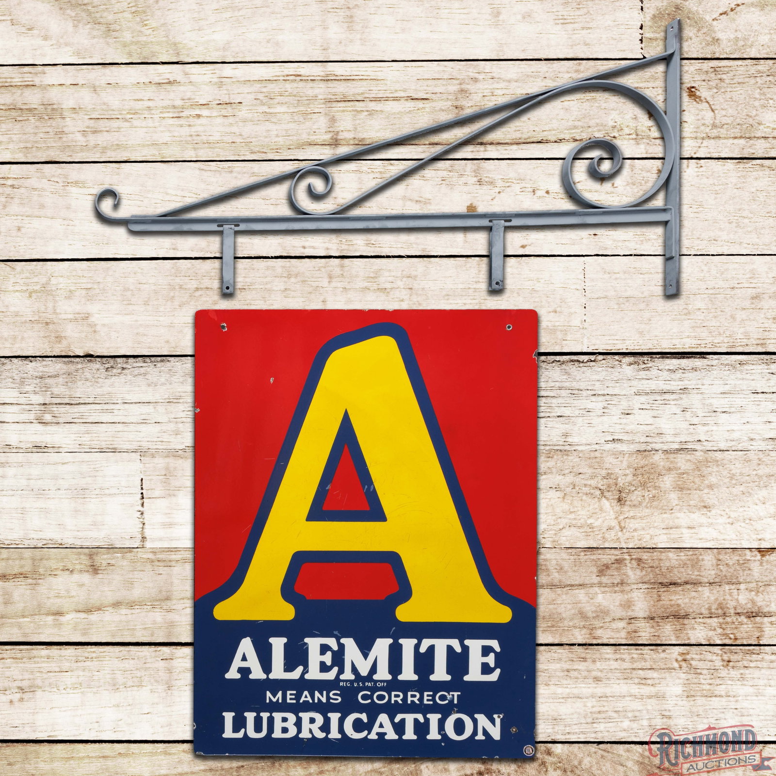 Alemite Means Correct Lubrication 40" Double Sided Porcelain Sign w/ Bracket: DSP (double sided porcelain) sign with hanging bracket has good color and gloss. The display has surface wear with fine scratches and color-matched chips in the fields. The perimeter has a small non-f