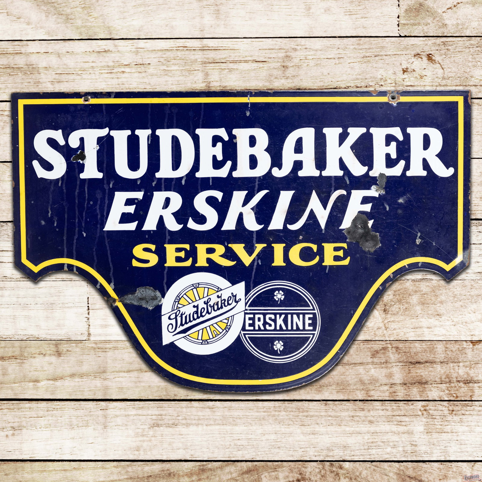 Studebaker Erskine Service 4' Die Cut Double Sided Porcelain Sign w/ Logos: DSP (double sided porcelain) die cut sign has good color and gloss. Side #1 has surface wear with chips, a faint vertical bend in the left field, and an indentation on the lower edge of the "E" in Ers