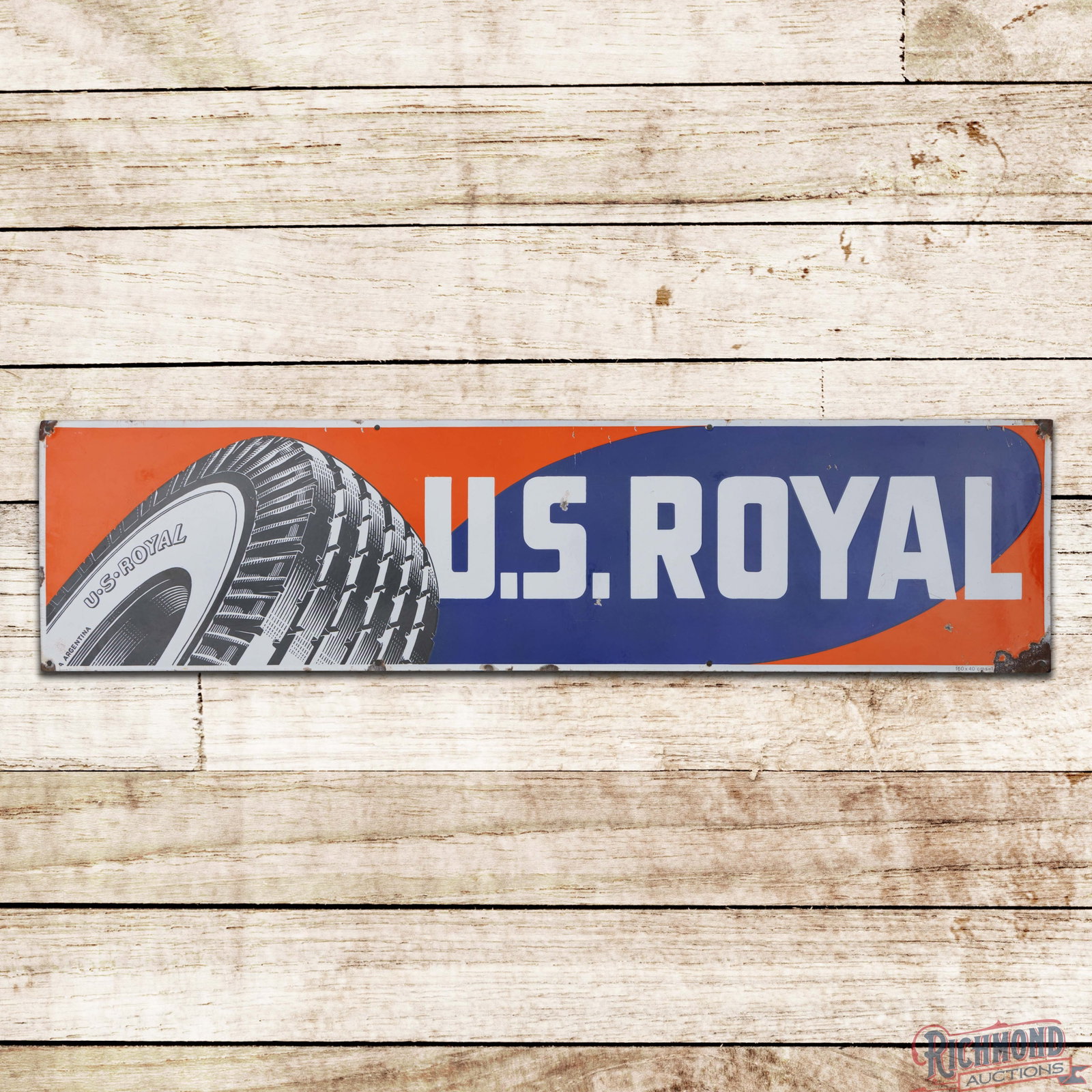U.S. Royal Tires 5' Single Sided Porcelain Sign w/ Tire: SSP (single sided porcelain) sign has very good color and gloss. The field exhibits chips with fine scratches. The perimeter has minor crazing with chips along the outer edges. Marked 160 x 40 cms. Th