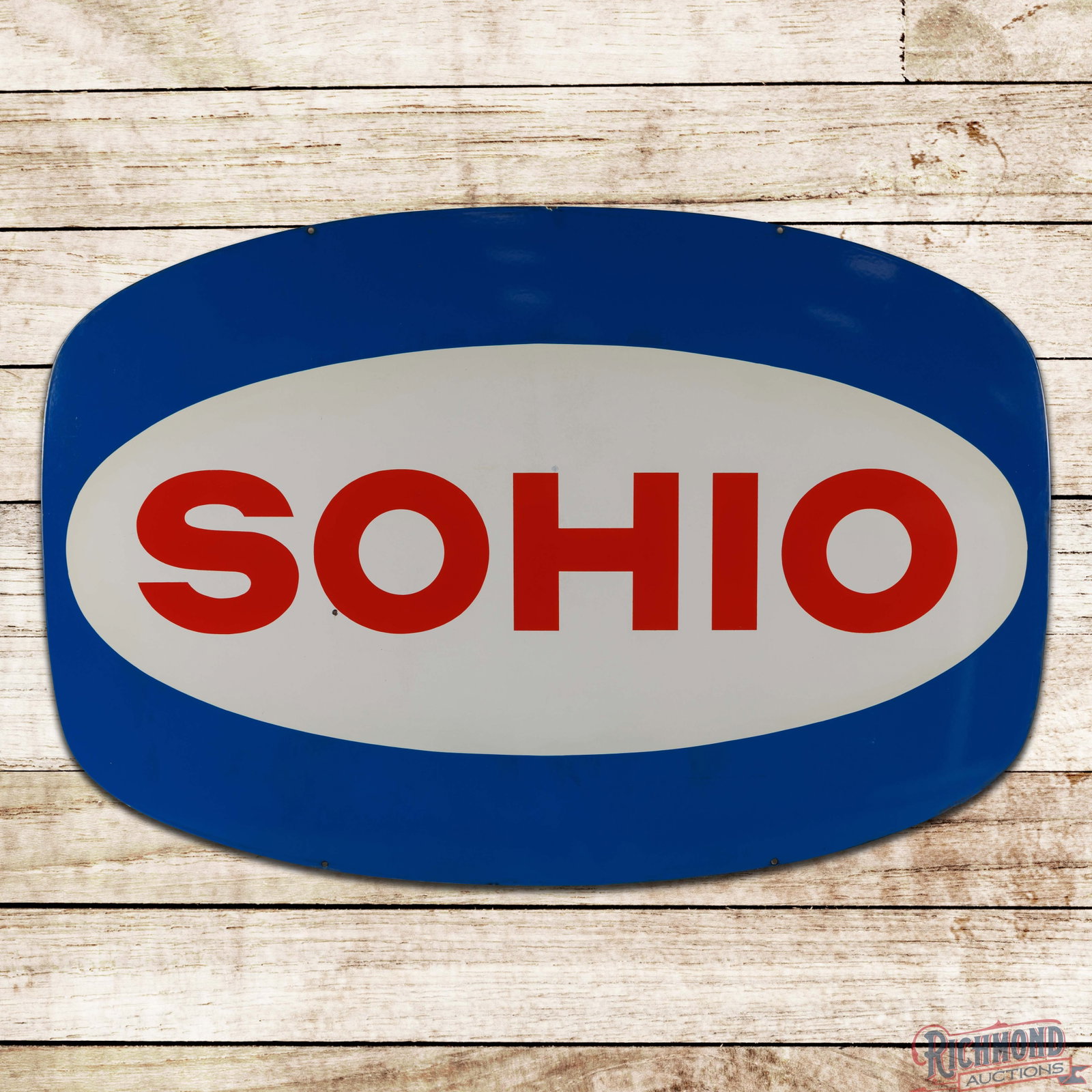 Sohio Gasoline 6' Single Sided Porcelain ID Sign: SSP (single sided porcelain) sign has excellent color and gloss. The field has two small chips with one showing color match above the "H" in Sohio. The outer fields have minor cloudiness in the blue p