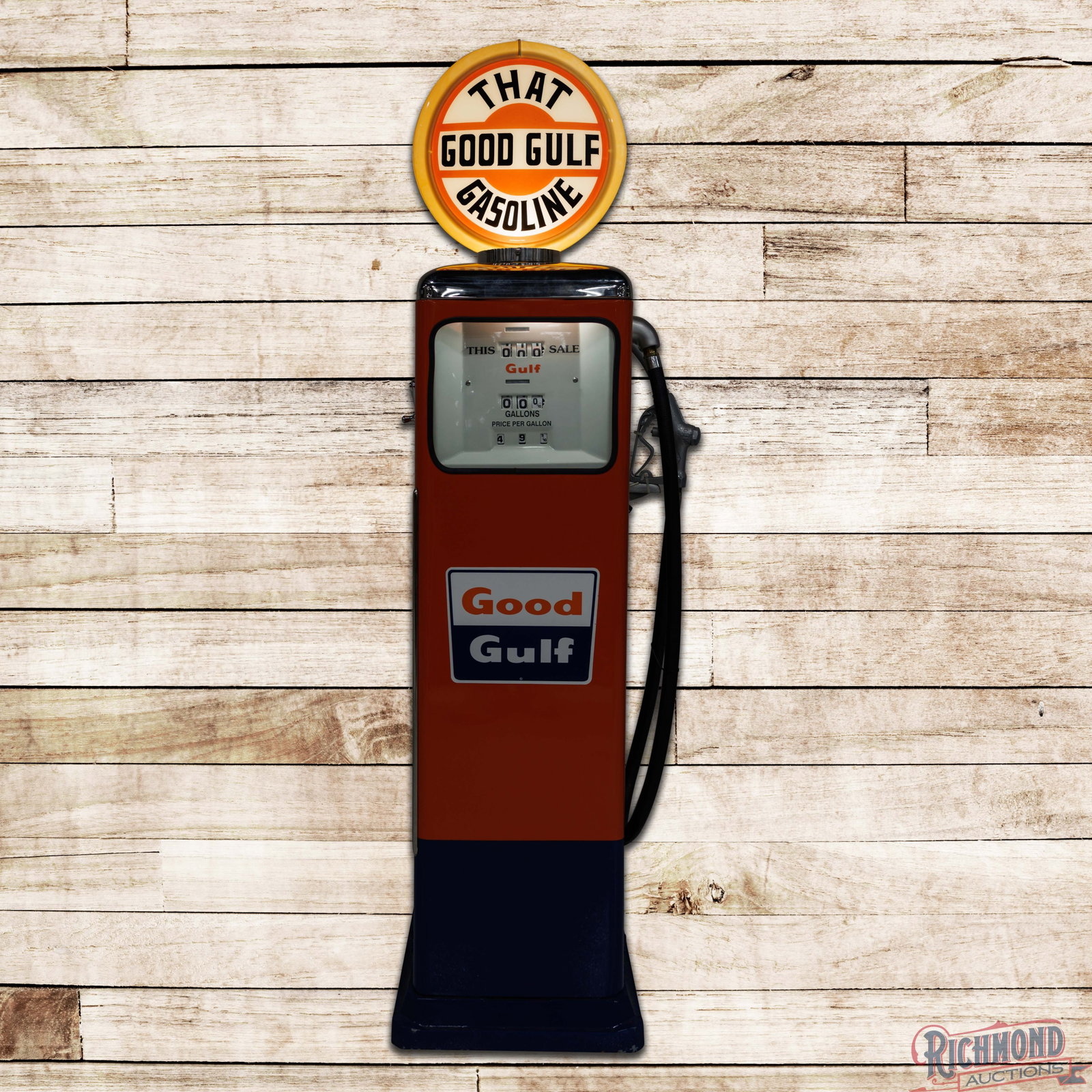 Good Gulf Bennett #748 Restored Chrome Top Gas Pump: Professionally restored, vibrant paint with high gloss. Hose, nozzle and a complete reproduction 13.5" Capco globe 74.5" H. Condition: Professionally Restored. All items are guaranteed authentic by Ri