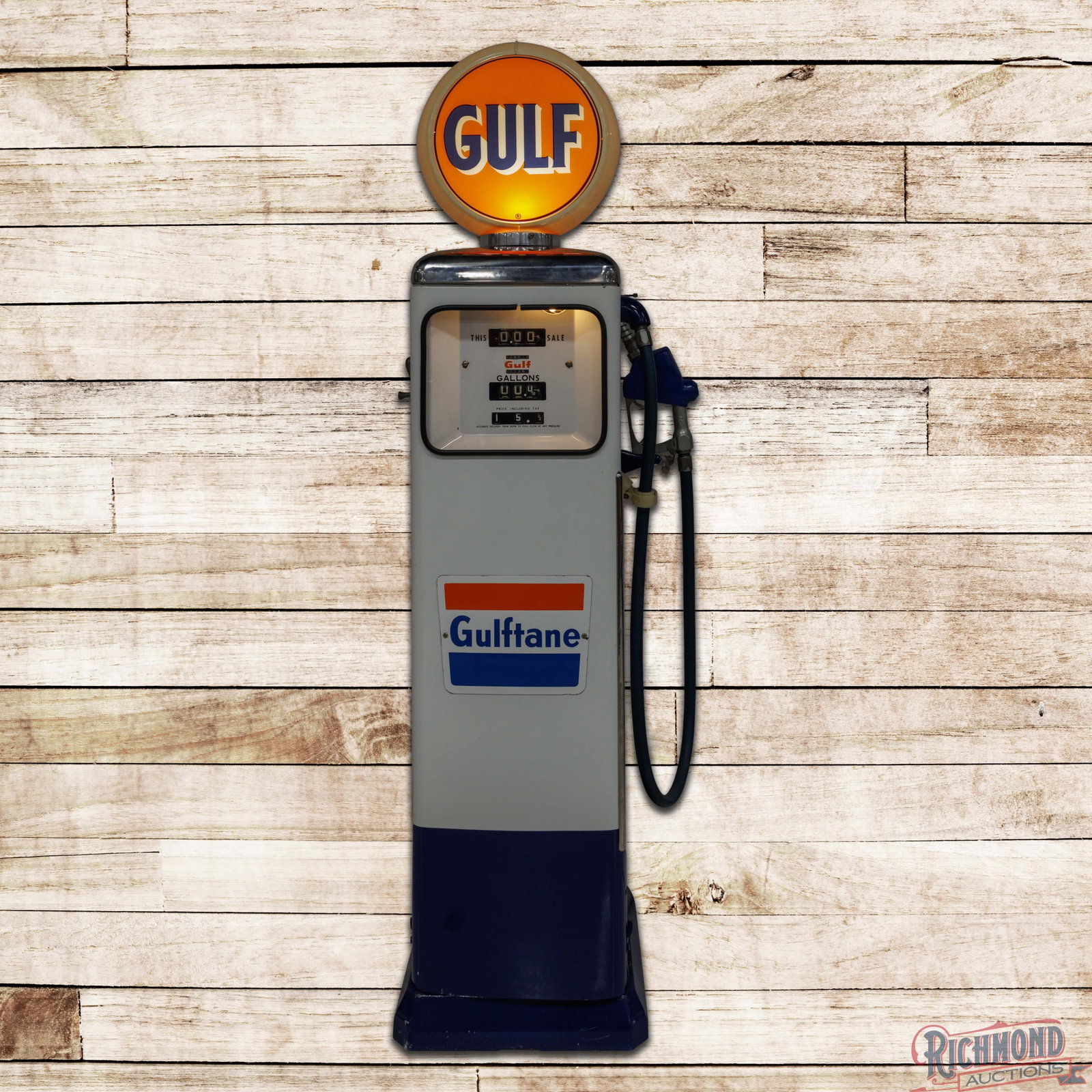 Gulftane Gasoline Bennett #748 Chrome Top Gas Pump: Unrestored Gulf chrome top gas pump. Very good condition with light wear. Includes original porcelain pump plates, contains lead signs, hose, nozzle and a reproduction complete 13.5" Capco globe. 74.5