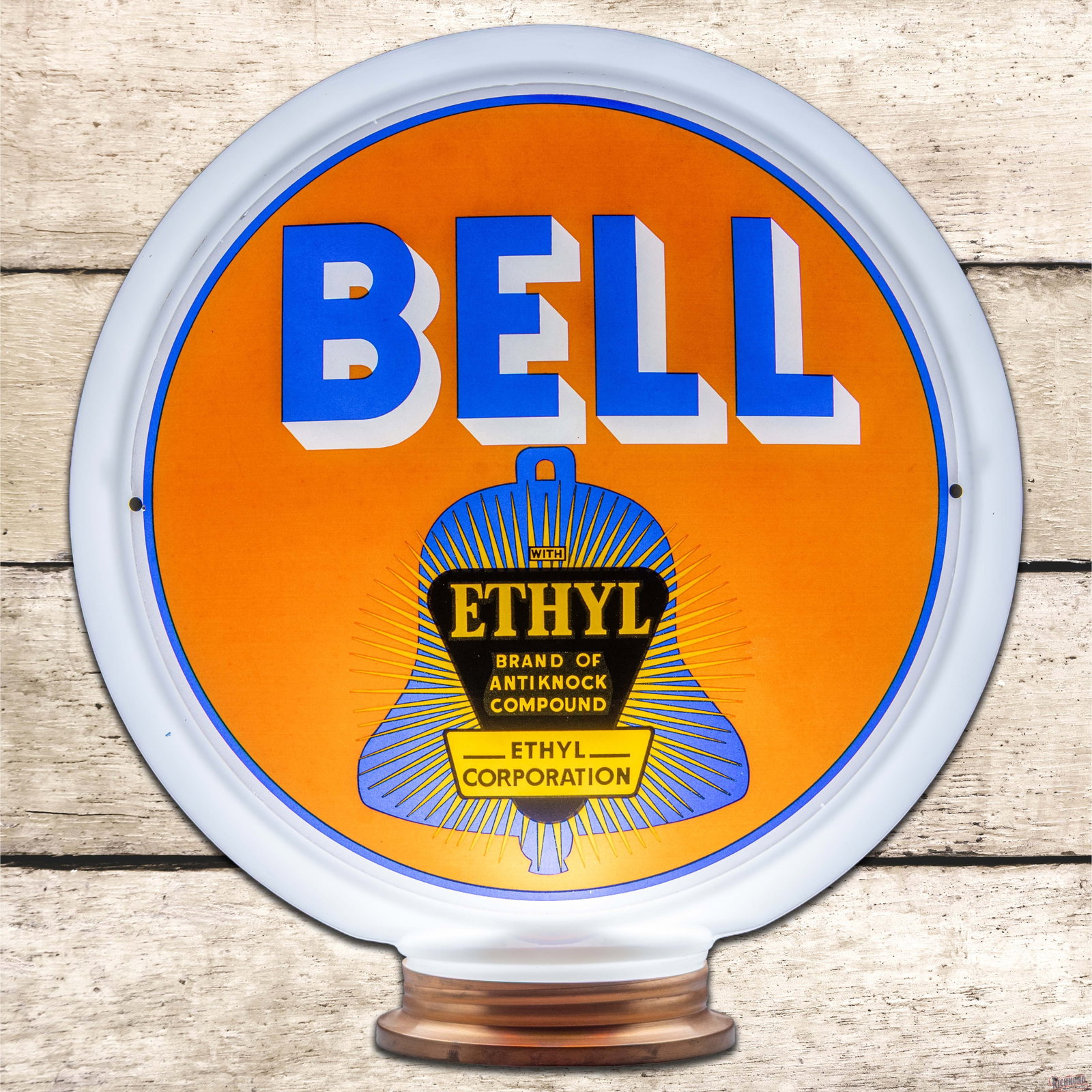 Complete Bell Ethyl Gasoline 13.5" Narrow Milk Glass Gas Pump Globe: Two 13.5" lenses mounted in a narrow milk glass body with a copper collar has excellent color. Lens #1 has minor surface imperfections with tiny flea bites along the outer edges. The reverse lens is i