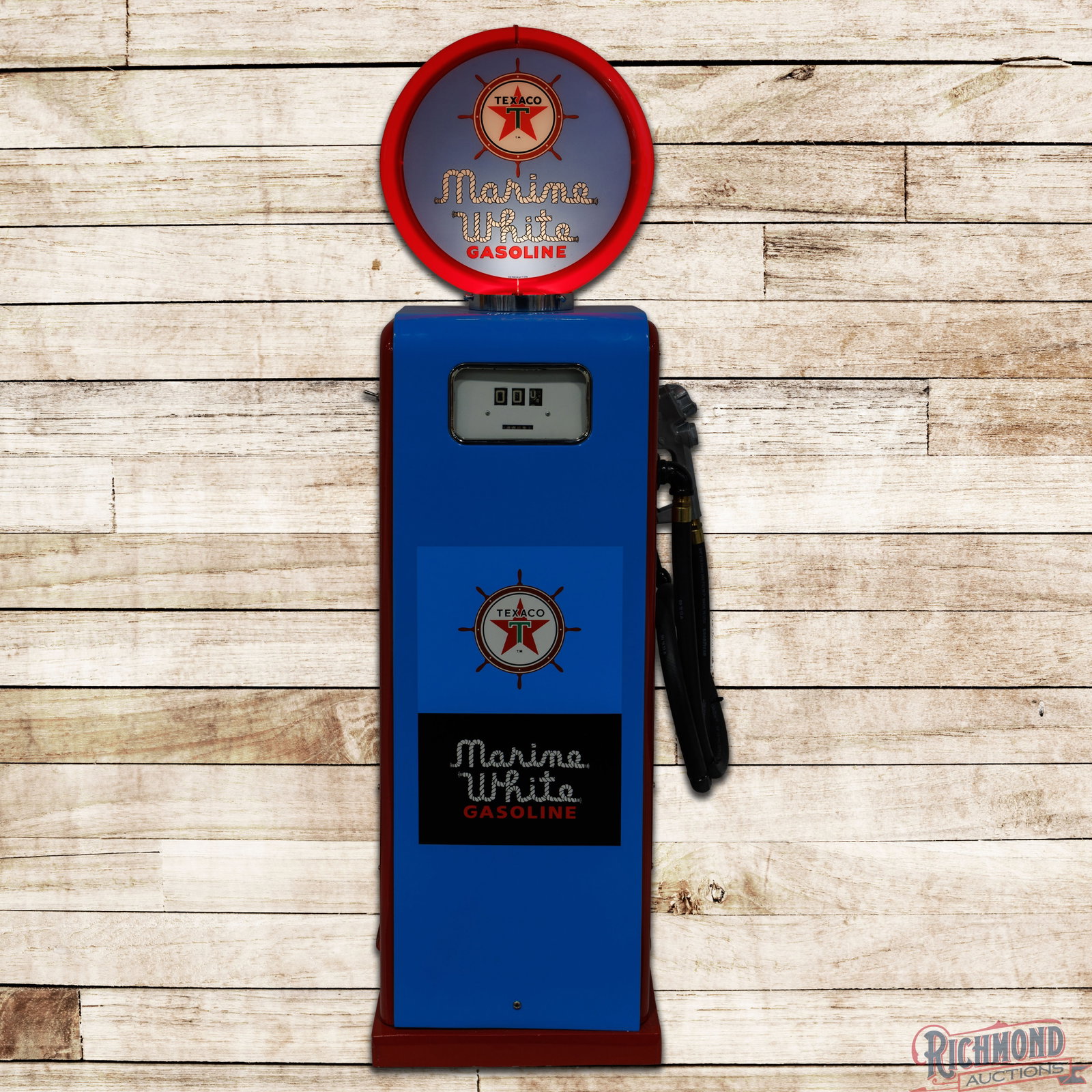 Gas Boy Model #100 Computing Gas Pump Restored Texaco Marine White Gasoline: Professionally restored with vibrant paint and high gloss. The pump includes a Marine White decal, hose, nozzle and a lighted complete 13.5" reproduction Capco globe. 61" H. Condition: Professionally 