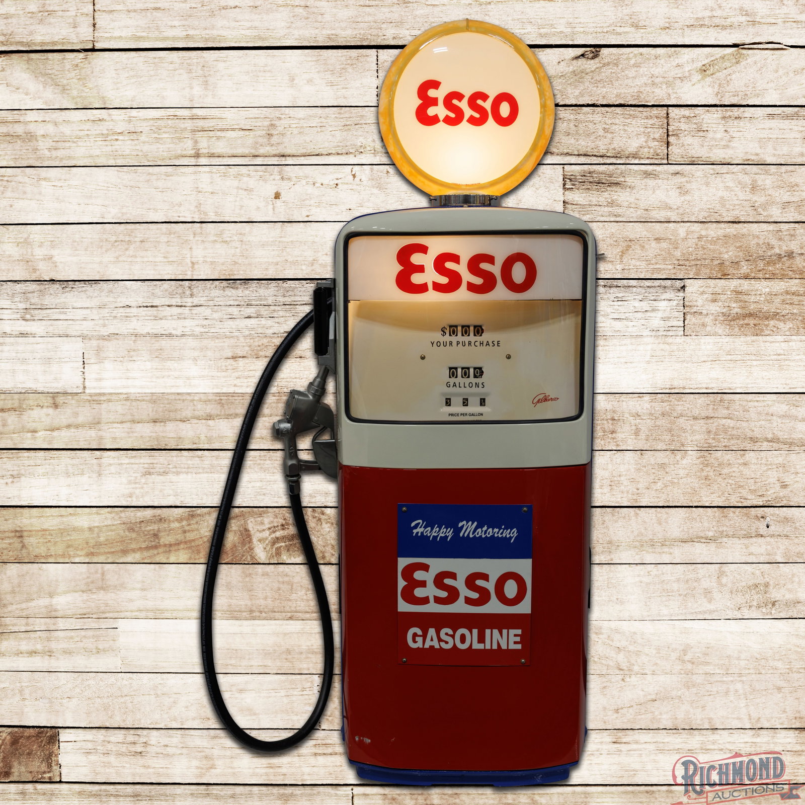 Gilbarco Computing Gas Pump Restored Esso: Restored, vibrant paint, minor surface imperfections, hose, nozzle and lighted complete 13.5" reproduction Capco body globe. 70" H. Condition: Professionally Restored. All items are guaranteed authent