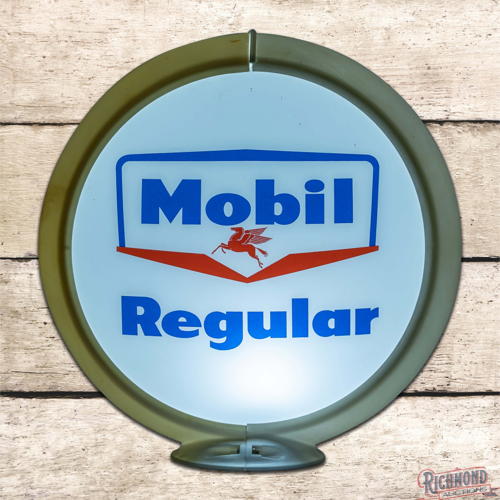 Mobil Regular Gasoline Complete 13.5" Capco Body Gas Pump Globe w/ Pegasus: Two 13.5" lenses mounted in a new Capco body have very good color. The lenses are in very good condition with light wear. The Capco body has discoloration with slight separation at the top. 16.5" H. C