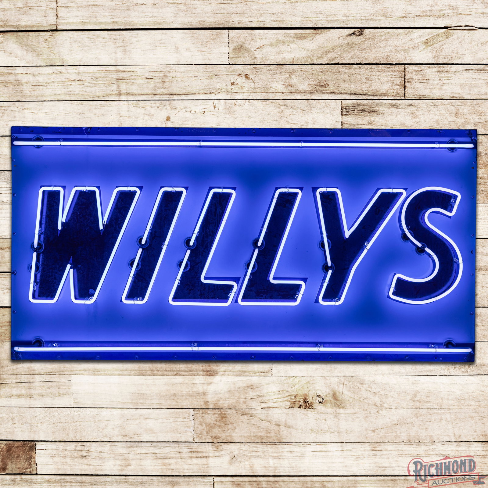 Willys 6' Single Sided Porcelain Factory Neon Sign: SSP (single sided porcelain) factory neon sign with a new metal can has good color and gloss. The field has a chip on the "W" with light wear and discoloration to the red and blue porcelain enamel. Th