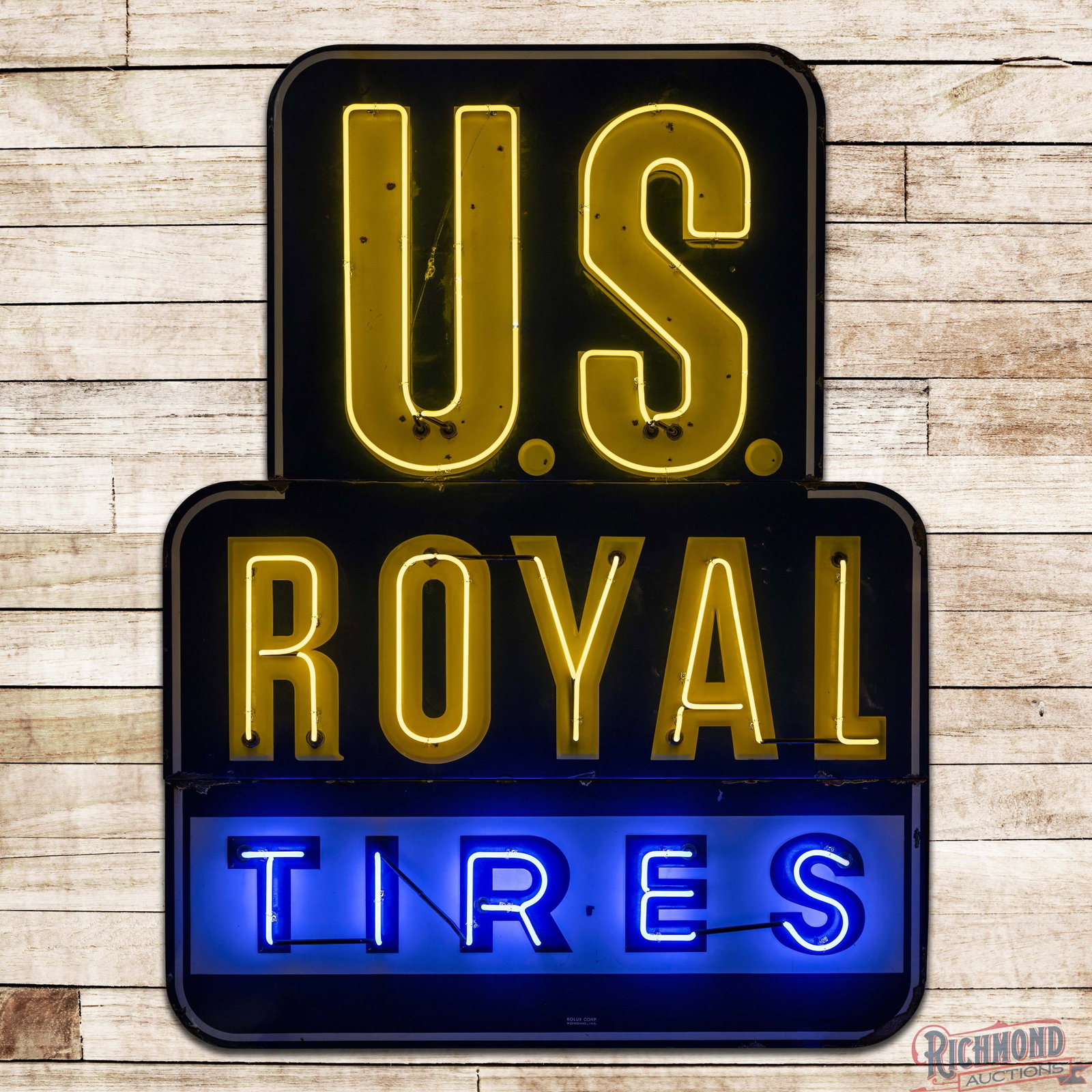 U.S. Royal Tires 8' Emb. Single Sided Porcelain Factory Neon Sign: SSP (single sided porcelain) embedded factory neon sign with a new metal can has good color and gloss. The display has areas of surface wear with chips and unused stand supports. The perimeter has sli