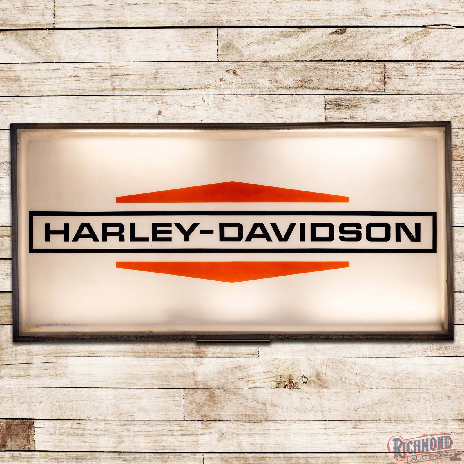Harley Davidson Motor Cycles 6' DS Plastic Lighted Advertising Sign: Double sided plastic internally lighted sign with the original metal can has excellent color. Side #1 has light surface wear in the fields. The perimeter has a 2.75" stress crack on the upper right co