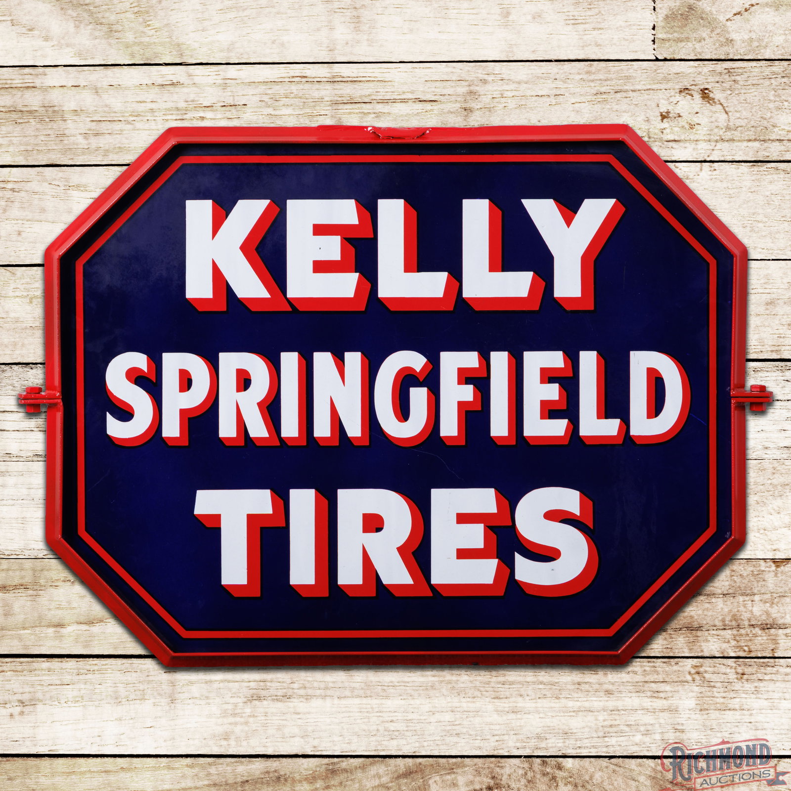 Kelly Springfield Tires Die Cut Double Sided Porcelain Sign w/ Ring: DSP (double sided porcelain) sign with a metal ring has excellent color and gloss. Side #1 is very clean overall with light surface wear and small chips along the outer edges. The reverse is in a simi