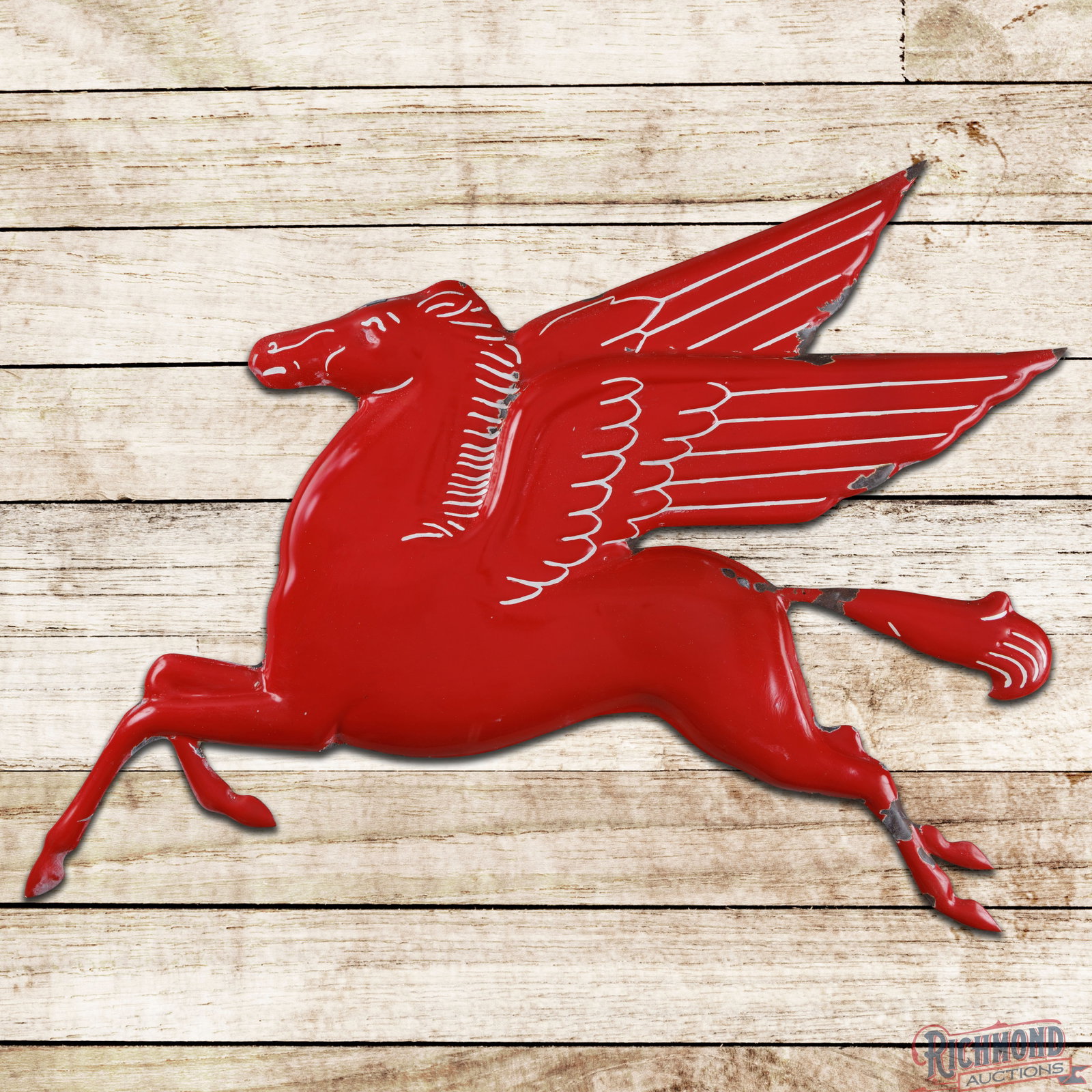 Mobil Gasoline 4.5' Emb. Die Cut Single Sided Porcelain Pegasus Sign: SSP (single sided porcelain) embossed die cut sign has very good color and gloss. The field has small chips in the Pegasus' main and upper wing. The perimeter has chips at the legs, tail, wings and ot