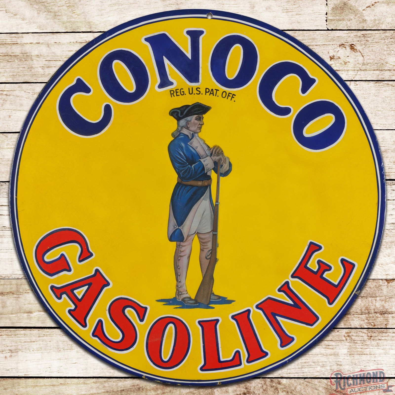 Conoco Gasoline 25" Double Sided Porcelain Sign w/ Minuteman (1 of 3)