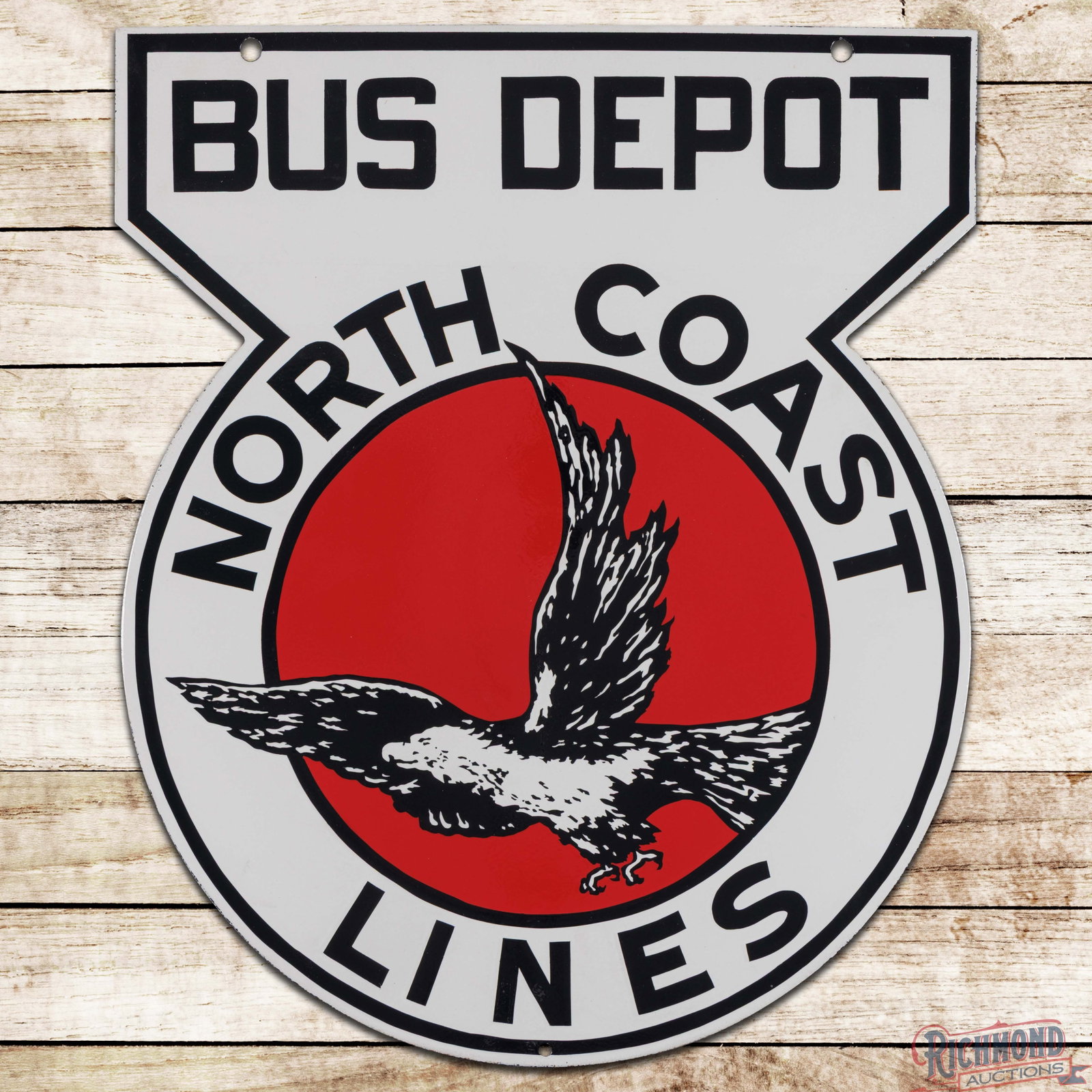 North Coast Lines Bus Depot Double Sided Porcelain Die Cut Sign w/ Eagle Olympia Washington: DSP (double sided porcelain) die cut sign has been professionally restored. The display has outstanding color with a large eagle graphic in the center field. The reverse is in a similar condition to t