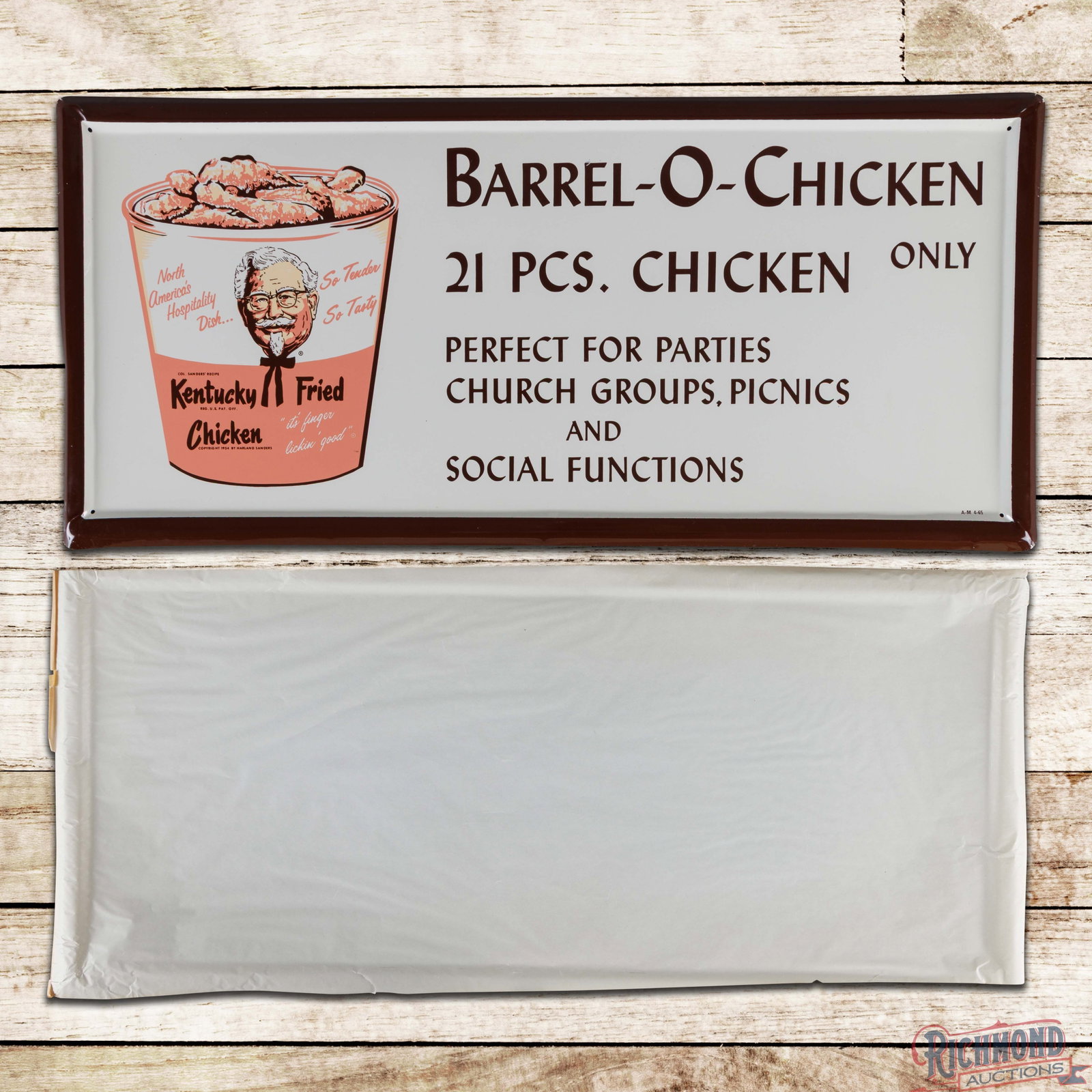 Scarce NOS 1965 Kentucky Fried Chicken "Barrel O Chicken" Single Sided Tin Sign w/ Paper (1 of 5)