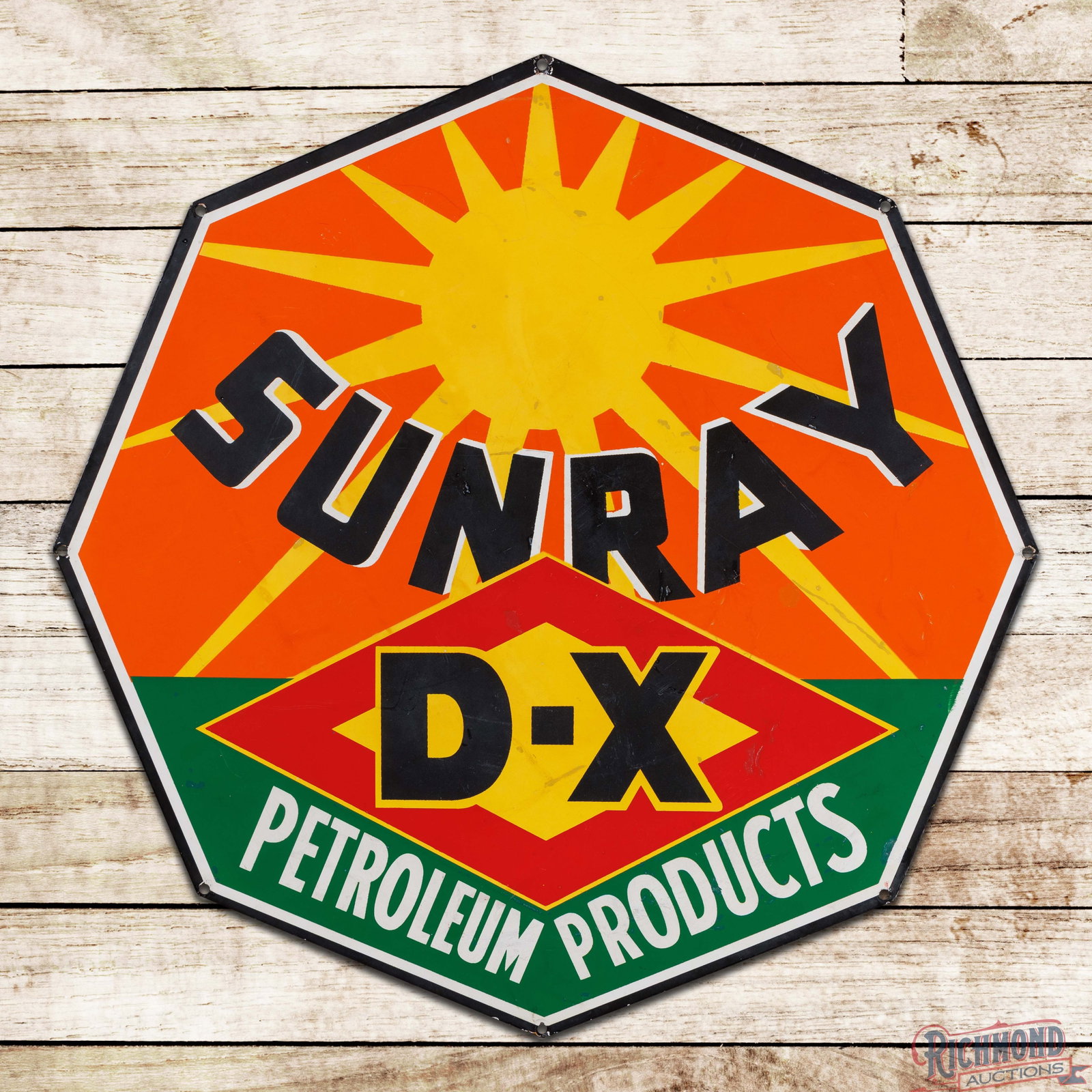 Sunray DX Petroleum Products 27" Die Cut Double Sided Porcelain Sign: DSP (double sided porcelain) die cut sign has good color and gloss. The display has marks, crazing, color-matched chips and slight cloudiness to the black porcelain enamel. The reverse has similar wea