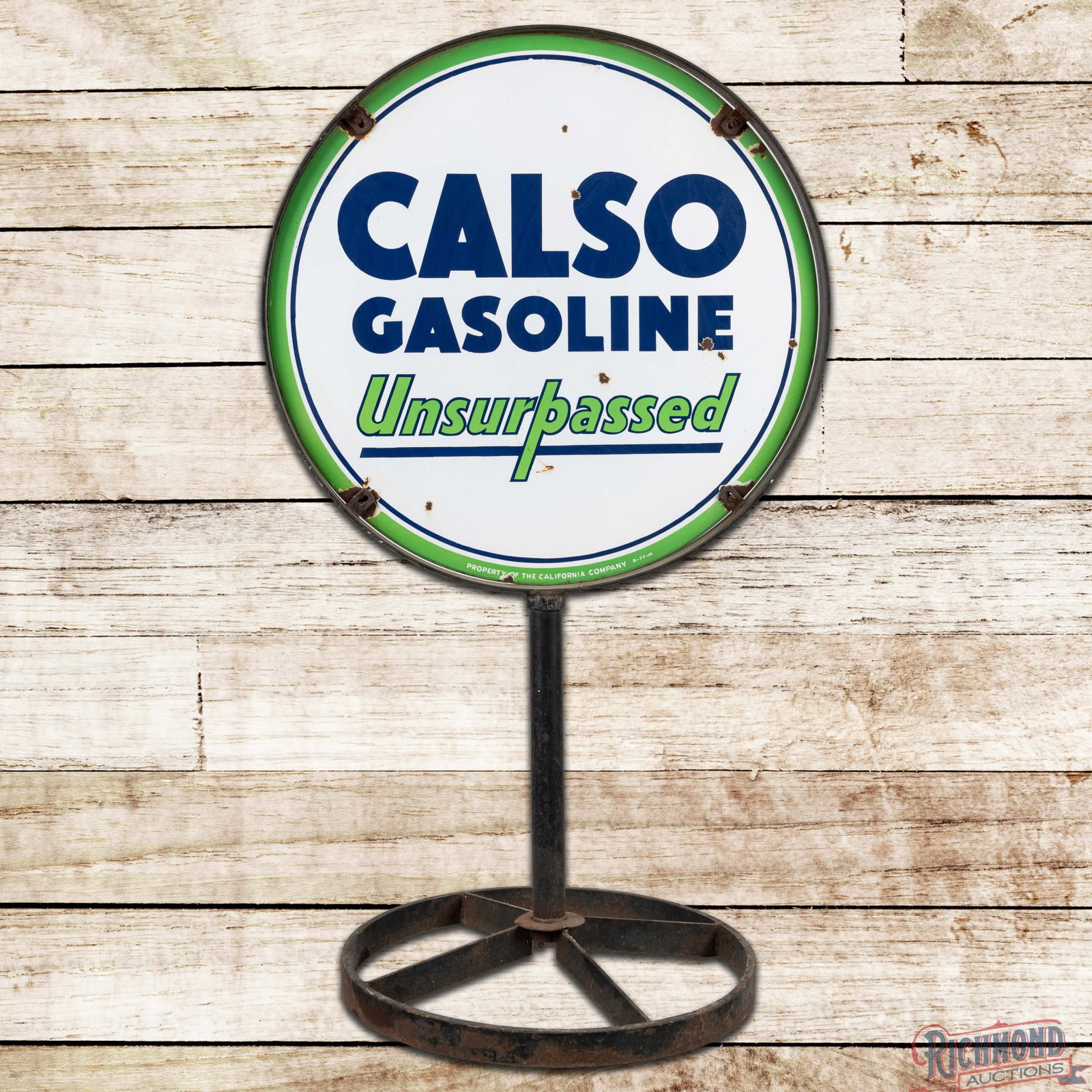 Calso Gasoline "Unsurpassed" 30" Double Sided Porcelain Curb Sign: DSP (double sided porcelain) sign with the factory ring and base has very good color and gloss. The display has small chips and marks in the fields with larger chips along the perimeter. The reverse h