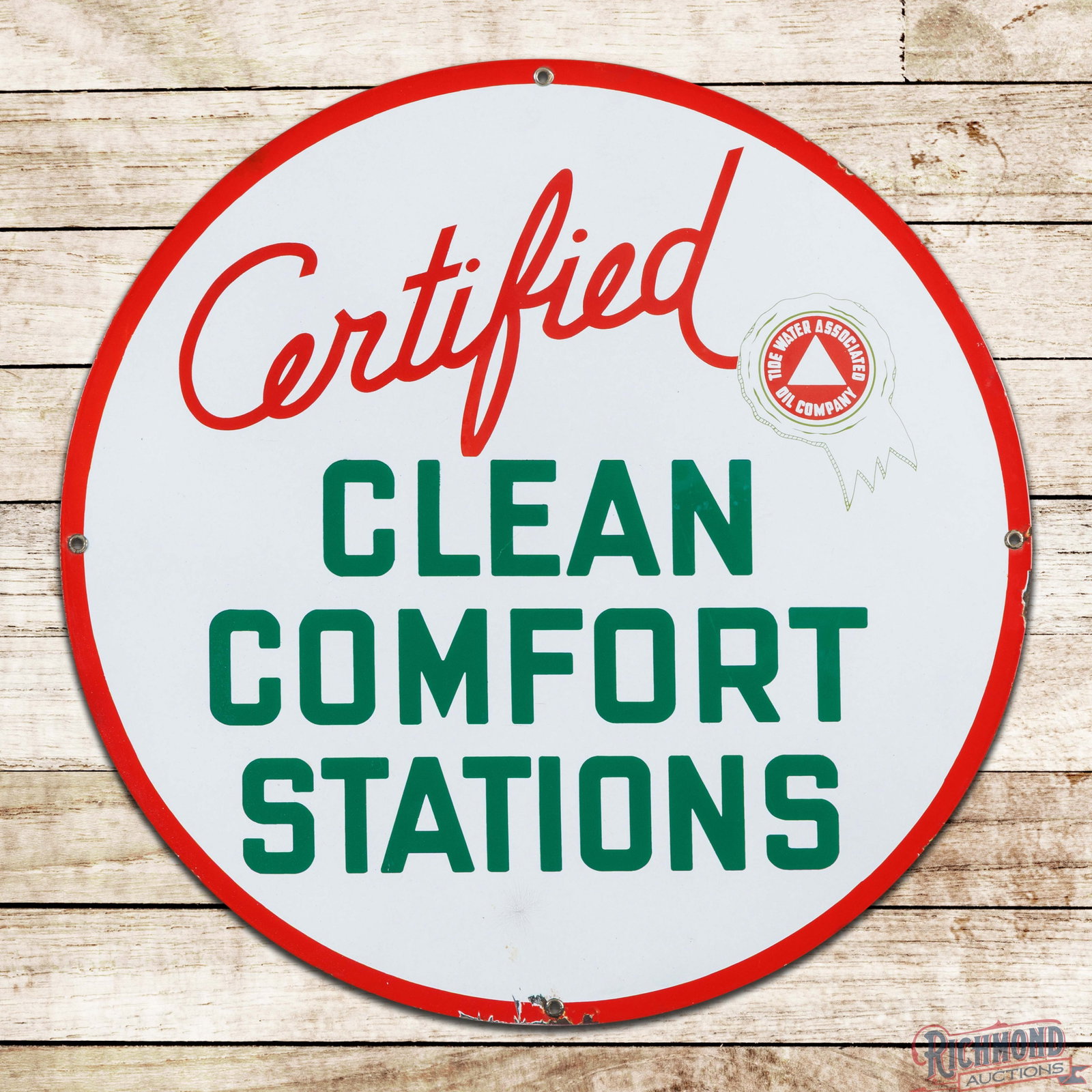Certified Clean Comfort Stations Tidewater Associated Oil Company 30" Double Sided Porcelain Sign (1 of 3)