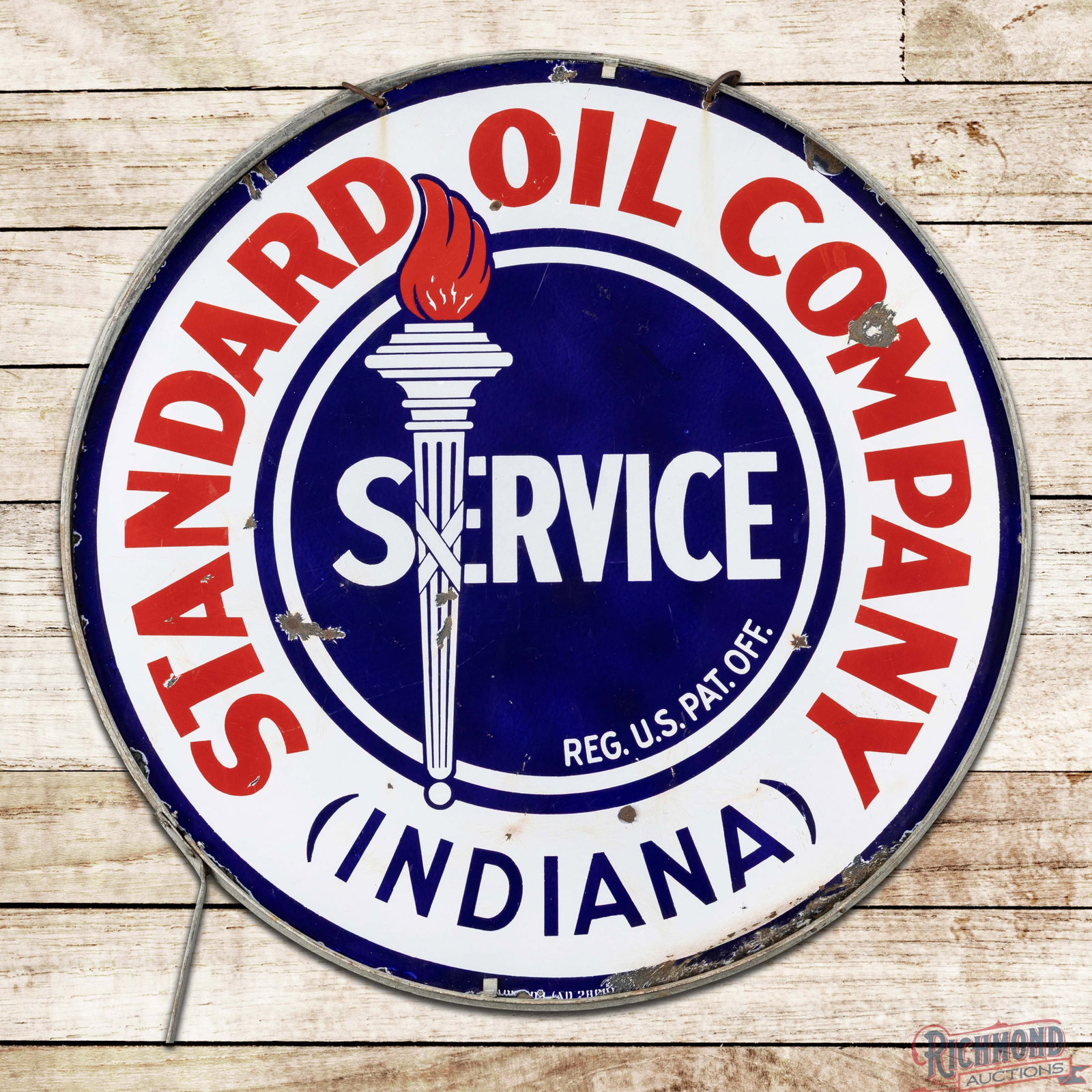 Rare Standard Oil Service Company of Indiana 42" Double Sided Porcelain Sign w/ Ring "Torch Logo": DSP (double sided porcelain) sign with the factory ring has good color and gloss. Side #1 has chips in the fields with areas of crazing and discoloration. The perimeter has edge chips with an edge ben
