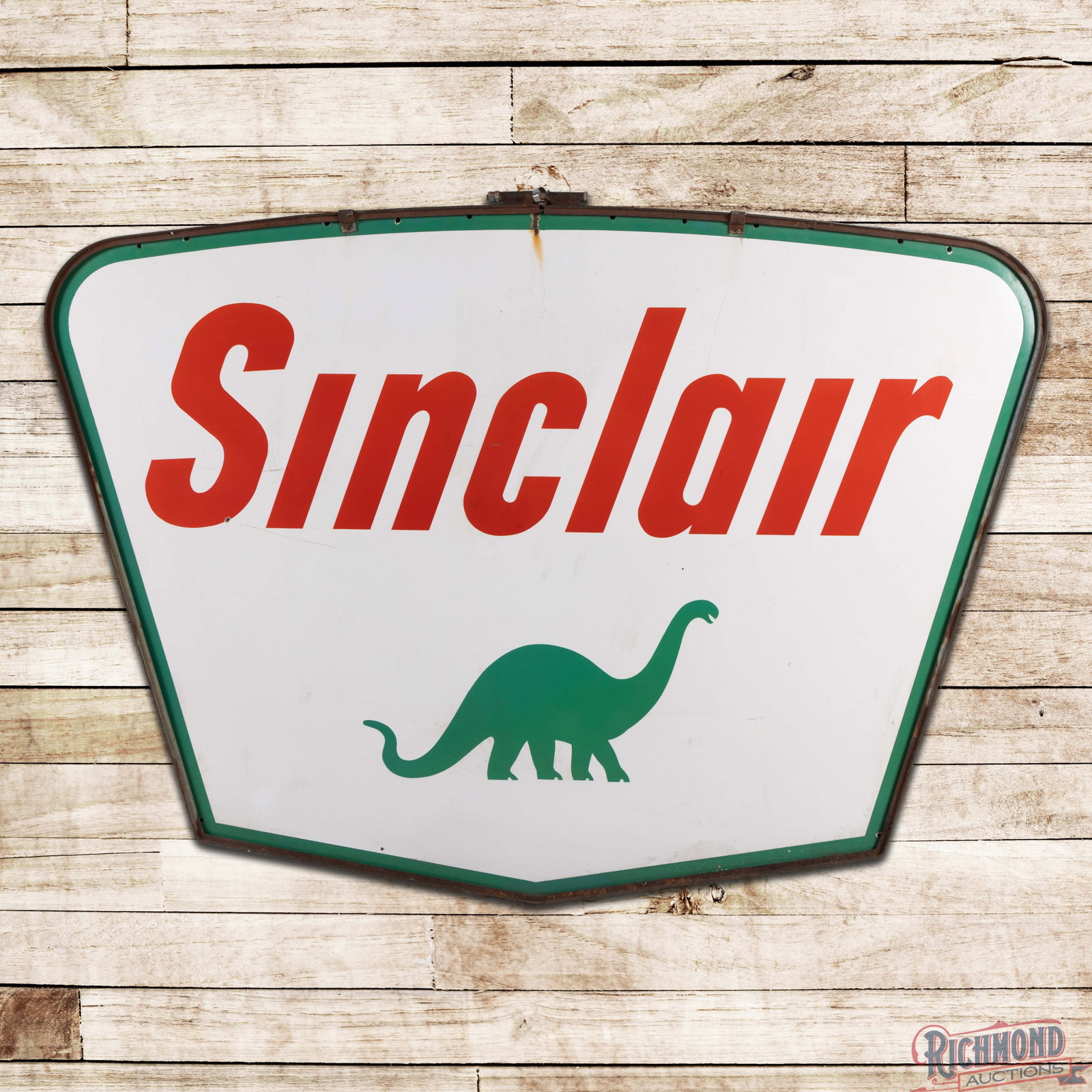 Sinclair Gasoline 7' Double Sided Porcelain ID Sign w/ Dino & Frame: DSP (double sided porcelain) die cut sign with the factory frame has excellent color and gloss. The display has light wear with a few small chips and marks in the fields. The perimeter has minor disco