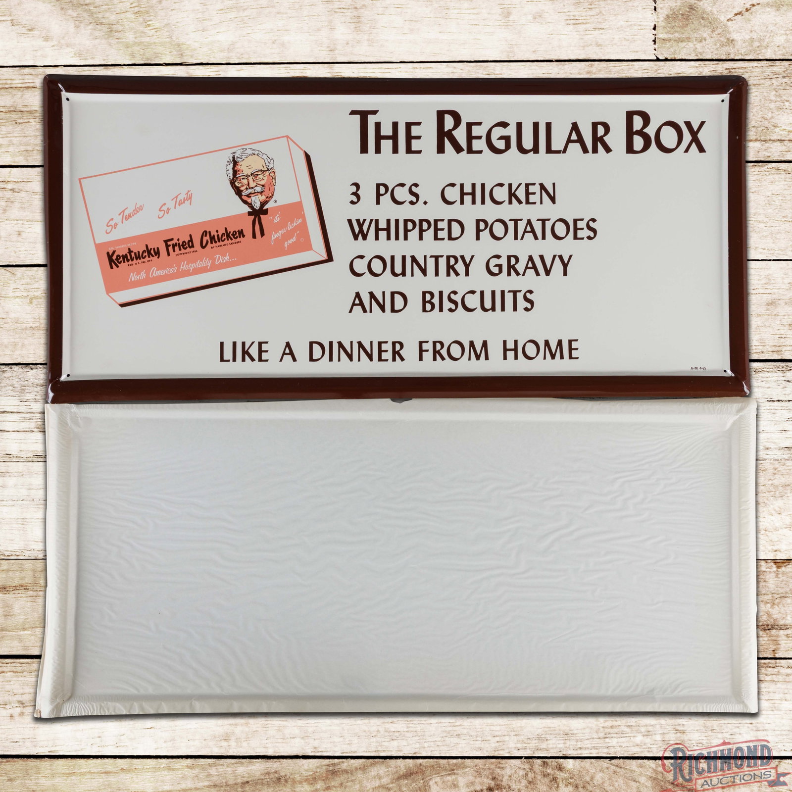 Amazing NOS 1965 Kentucky Fried Chicken "Regular Box" Single Sided Tin Sign w/ Paper: NOS (new old stock) SST (single sided tin) self-framed sign with factory rice paper has outstanding color and shine. The field is clean and the perimeter has minor storage imperfections. The sign has 
