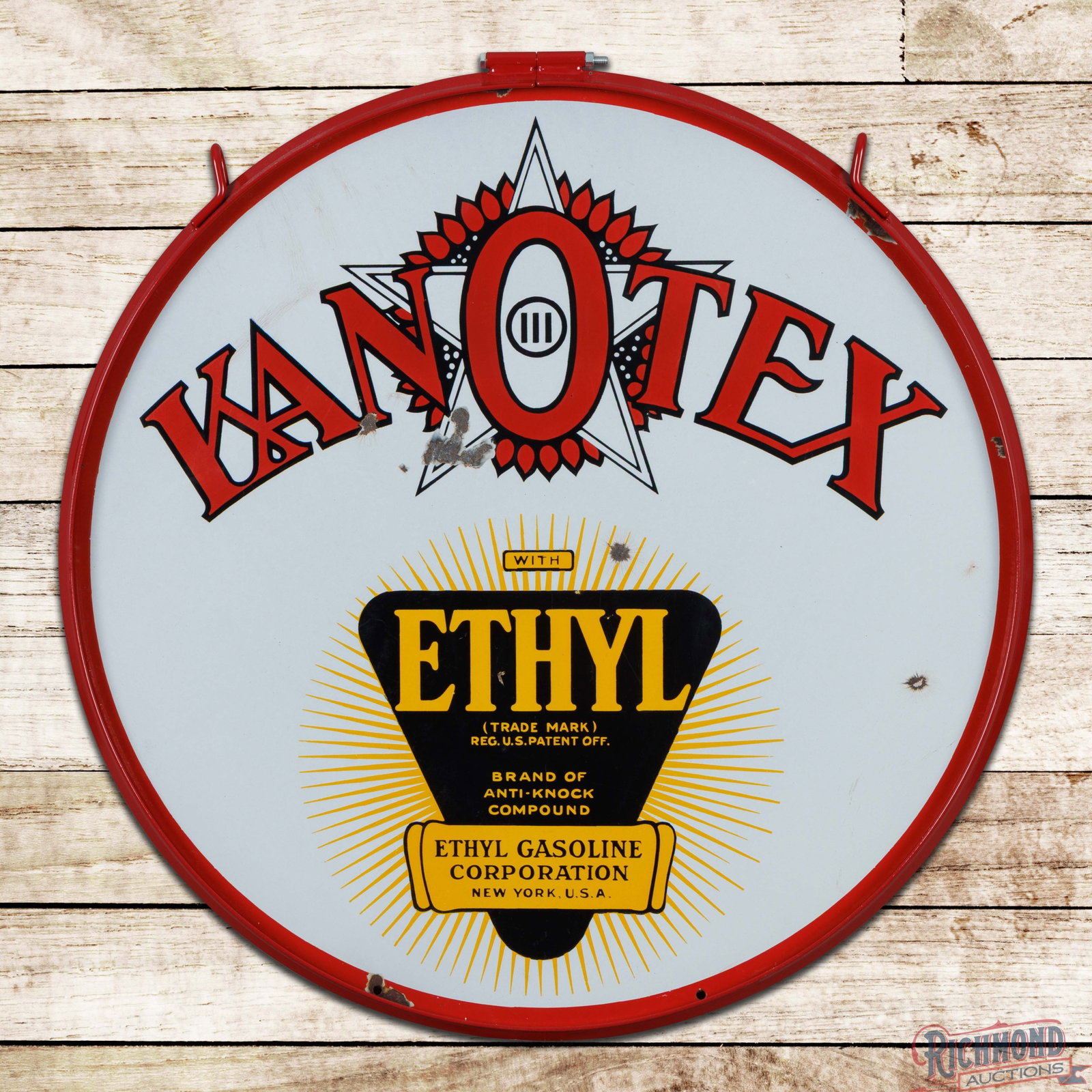 Kanotex Ethyl Gasoline 30" Double Sided Porcelain Sign w/ Ring (1 of 3)