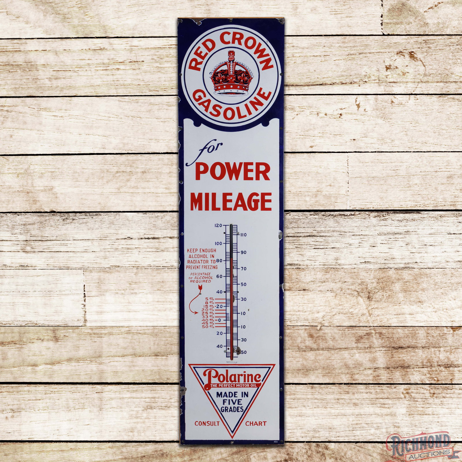 Red Crown Polarine "for Power Mileage" 6' Single Sided Porcelain Thermometer w/ Logos: SSP (single sided porcelain) thermometer with an added wooden support frame has excellent color and gloss. The tube is missing, and an added painted metal rod has been added to mimic a tube. The displ