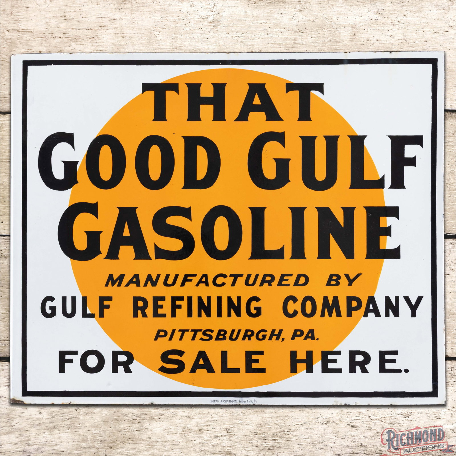 That Good Gulf Gasoline For Sale Here Double Sided Porcelain Flange Sign: DSP (double sided porcelain) flange has excellent color and gloss. Side #1 has a clean field with small chips on the inner flange. The reverse is in a similar condition to the display with tiny chips 