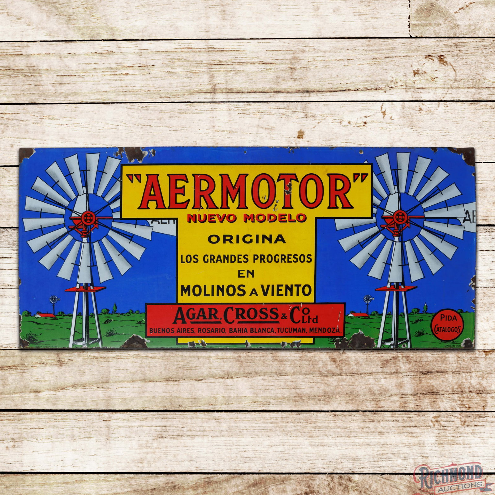 Aermotor Nuevo Modelo Agar Cross & CO Ltd. 5' Single Sided Porcelain Sign w/ Farm Scene & Windmills (1 of 3)