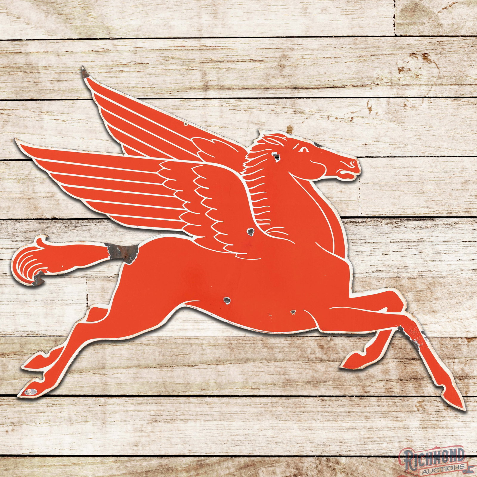 Mobil Service Station Pegasus 31" Double Sided Porcelain Weathervane Sign: DSP (double sided porcelain) die cut sign has very good color and gloss. The display has small chips at the mounting holes with other marks and light wear. The perimeter has edge chips with a bend and