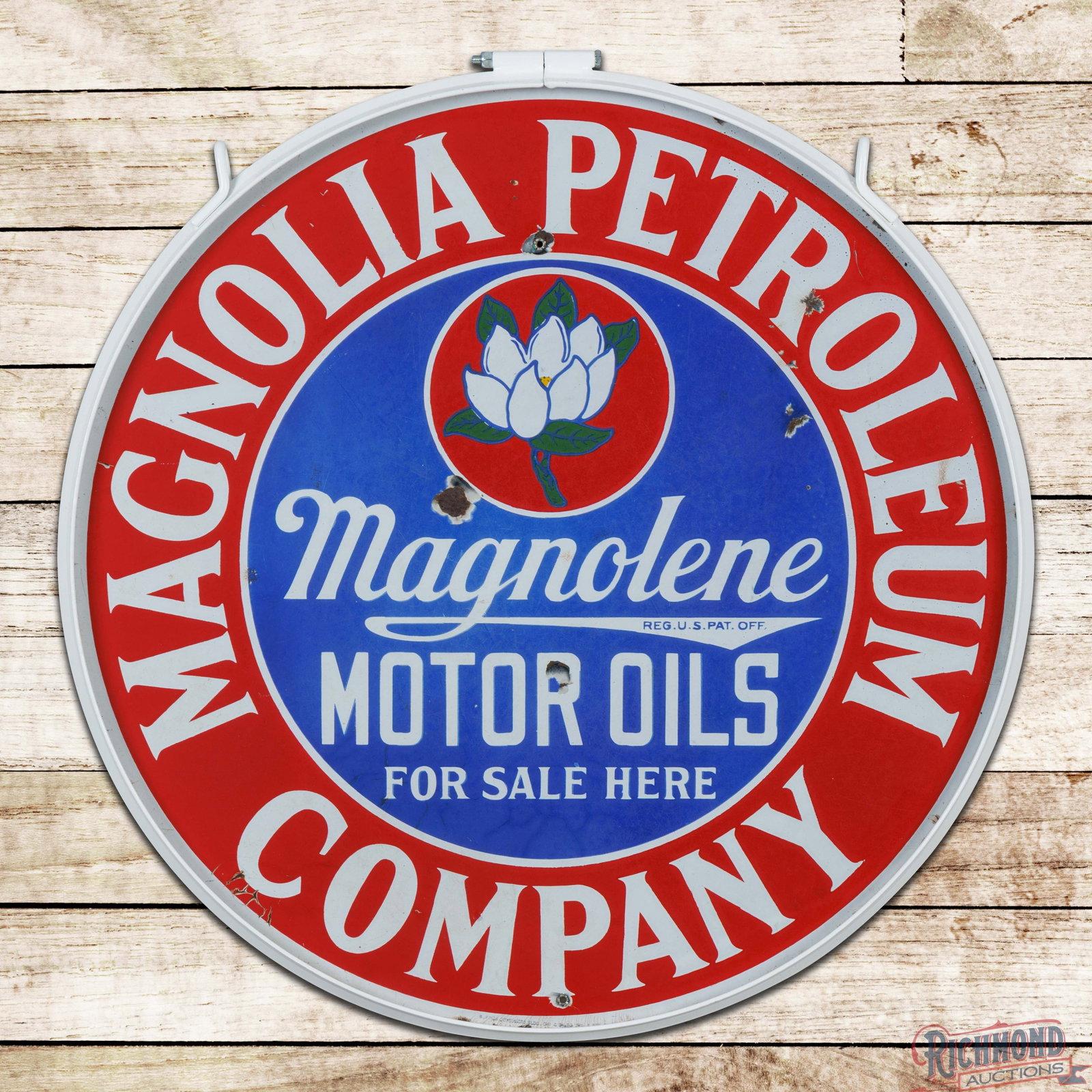 Magnolia Petroleum Company Motor Oils 30" Double Sided Porcelain Sign w/ Ring: DSP (double sided porcelain) sign has good color and gloss. The display has surface wear with faint cloudiness, chips and two small non-factory holes in the upper and lower field. The perimeter has ch