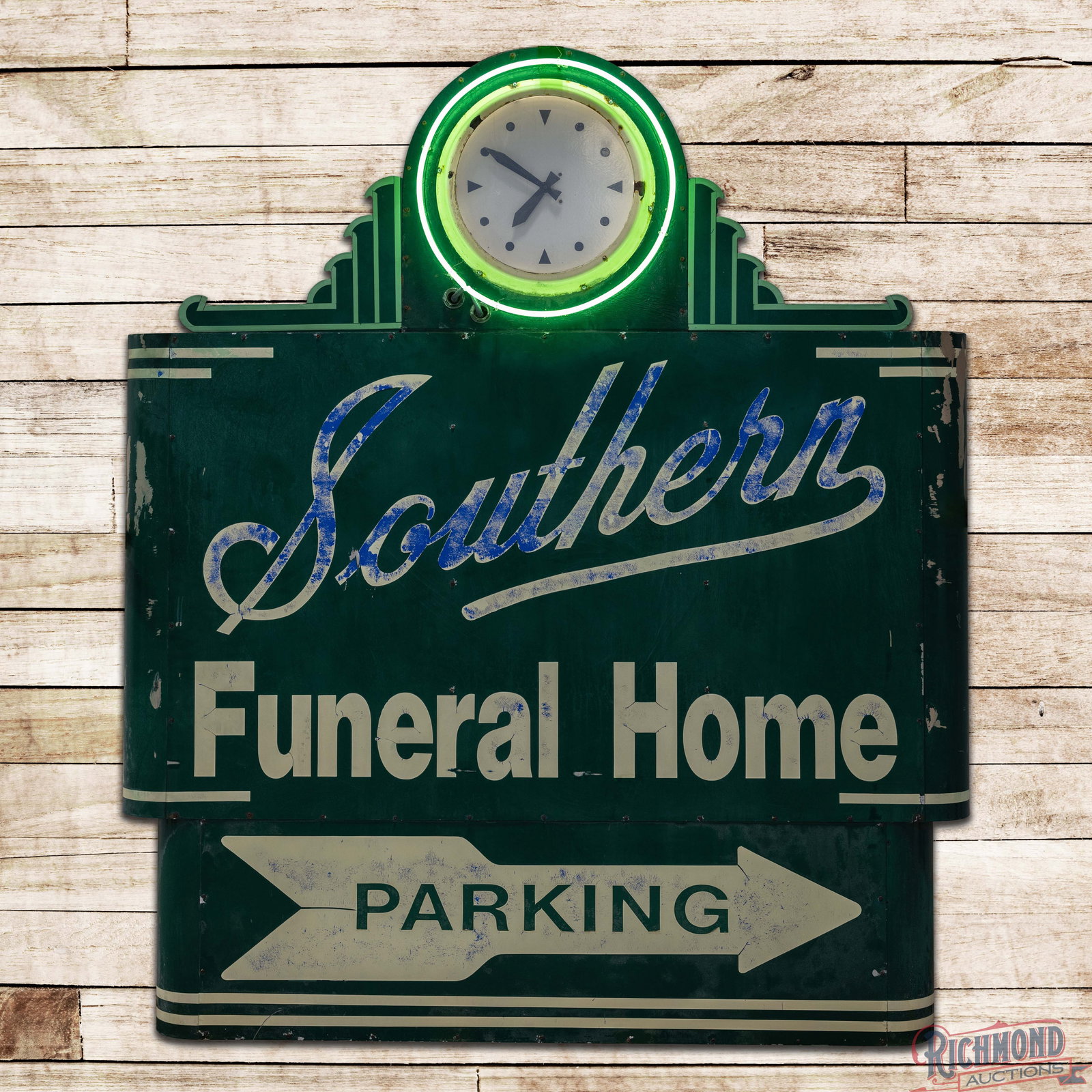 Southern Funeral Home Parking w/ Arrow 8' Double Sided Porcelain Neon Sign w/ Advertising Clock (1 of 5)