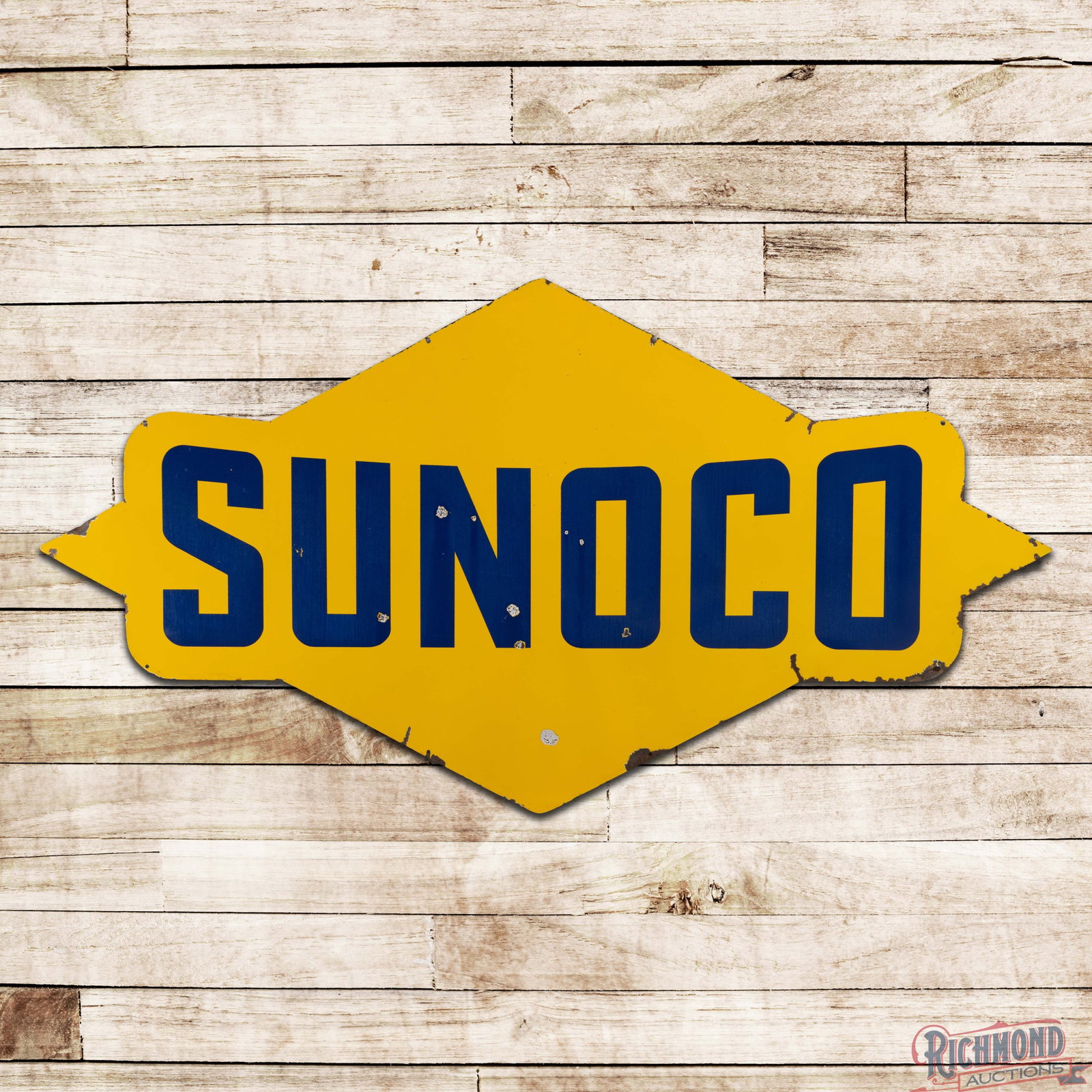 Sunoco Gasoline 8' Die Cut Double Sided Porcelain ID Sign: DSP (double sided porcelain) die cut sign has very good color and gloss. Side #1 has chips with slight discoloration in the blue porcelain enamel letters. The perimeter has additional chips with edge 