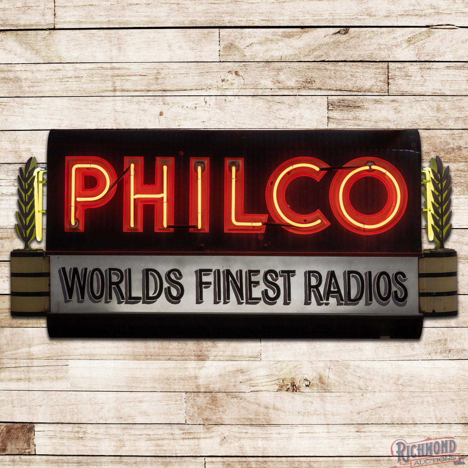 Art Deco Philco World's Finest Radios Double Sided Porcelain Factory Neon Sign: DSP (double sided porcelain) embossed factory neon sign with the original metal can has good color and gloss. Side #1 has small chips with areas of discoloration in the lettering and outer fields. The