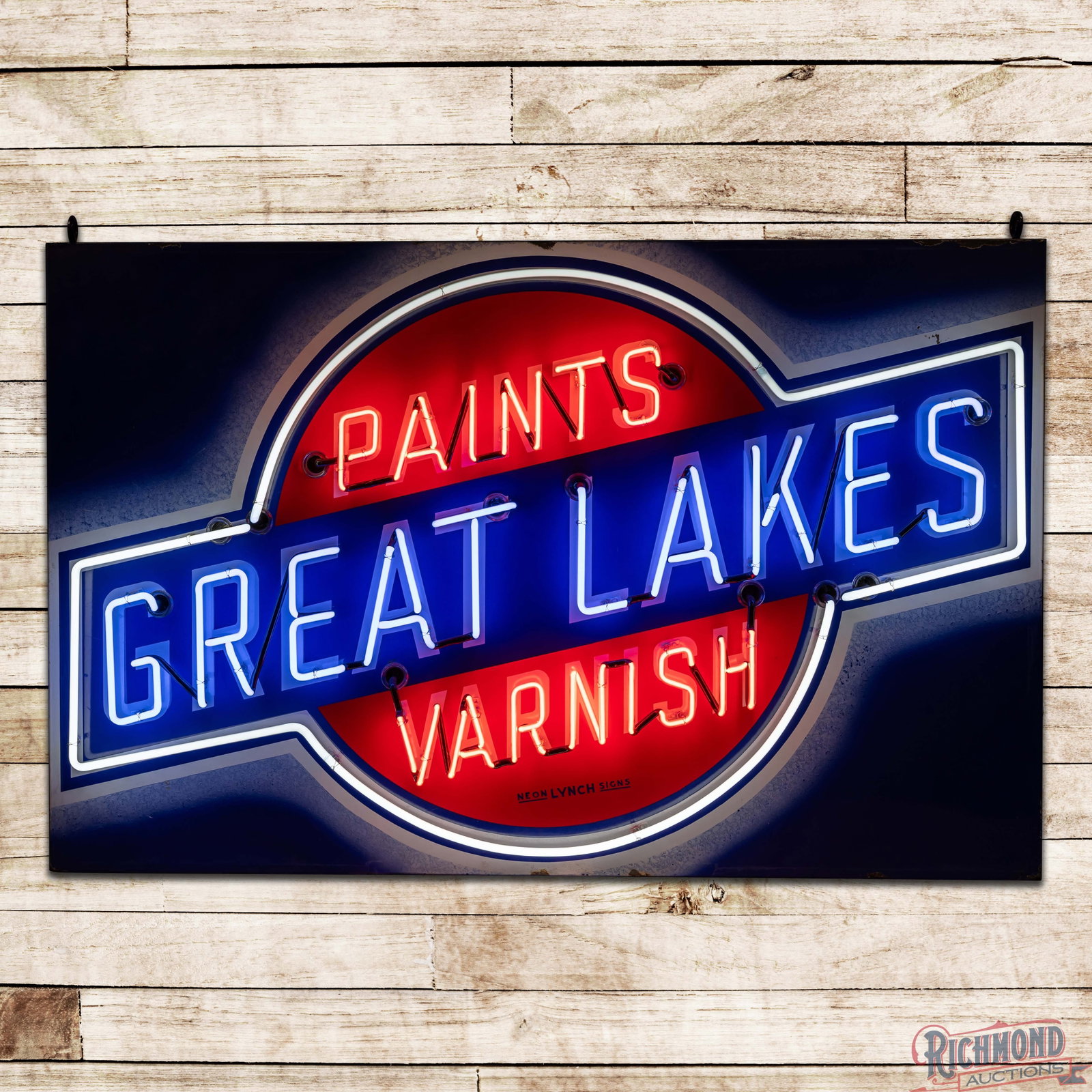 Great Lakes Paints Varnishes 6' Single Sided Porcelain Factory Neon Sign: SSP (single sided porcelain) factory neon sign with a metal can has excellent color and gloss. The field has minor surface imperfections with small chips and minor crazing in the upper outer fields. T