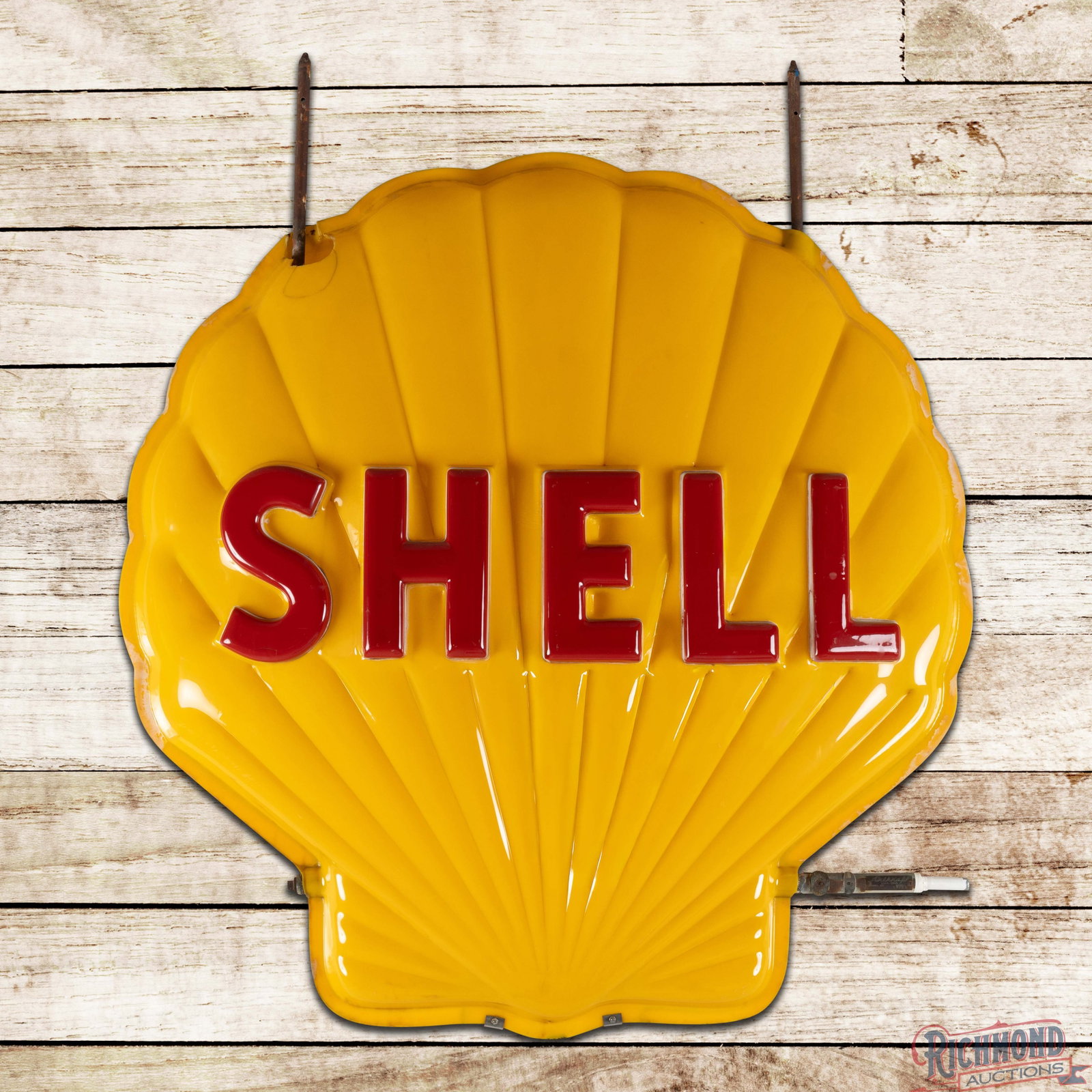 Shell Gasoline DS Emb. Plastic Lighted ID Sign: Scarce double-sided embossed plastic Shell ID sign with the factory mounting frame. The sign features vibrant colors and displays very well. Side #1 has light wear in the fields, slight discoloration 