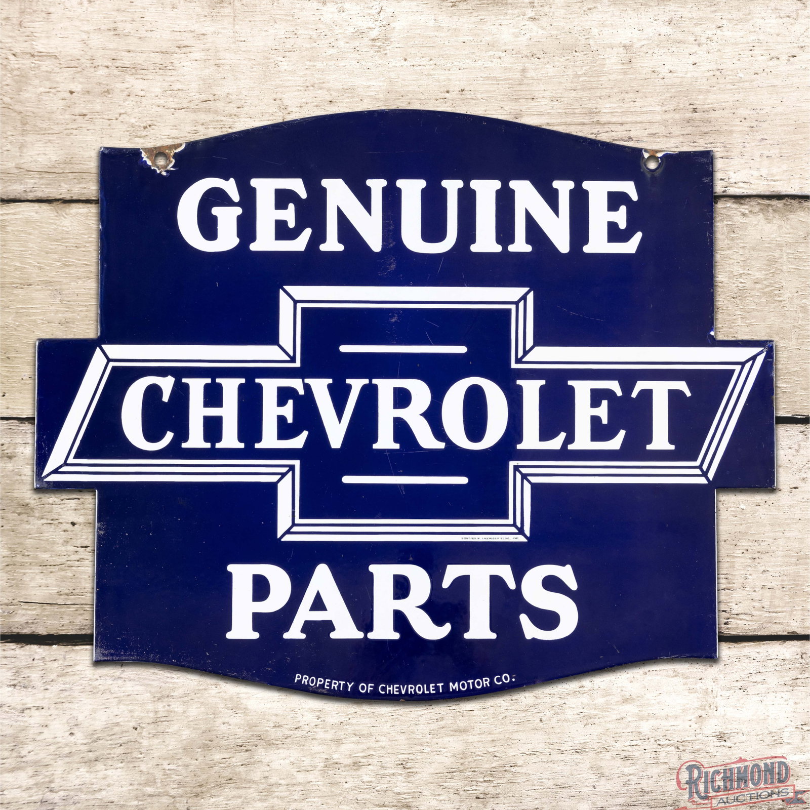 Genuine Chevrolet Parts 24" Die Cut Double Sided Porcelain Sign w/ Logo: DSP (double sided porcelain) die cut sign has excellent color and gloss. The display has light surface wear in the fields with chips at the upper mounting holes. The reverse has additional surface wea